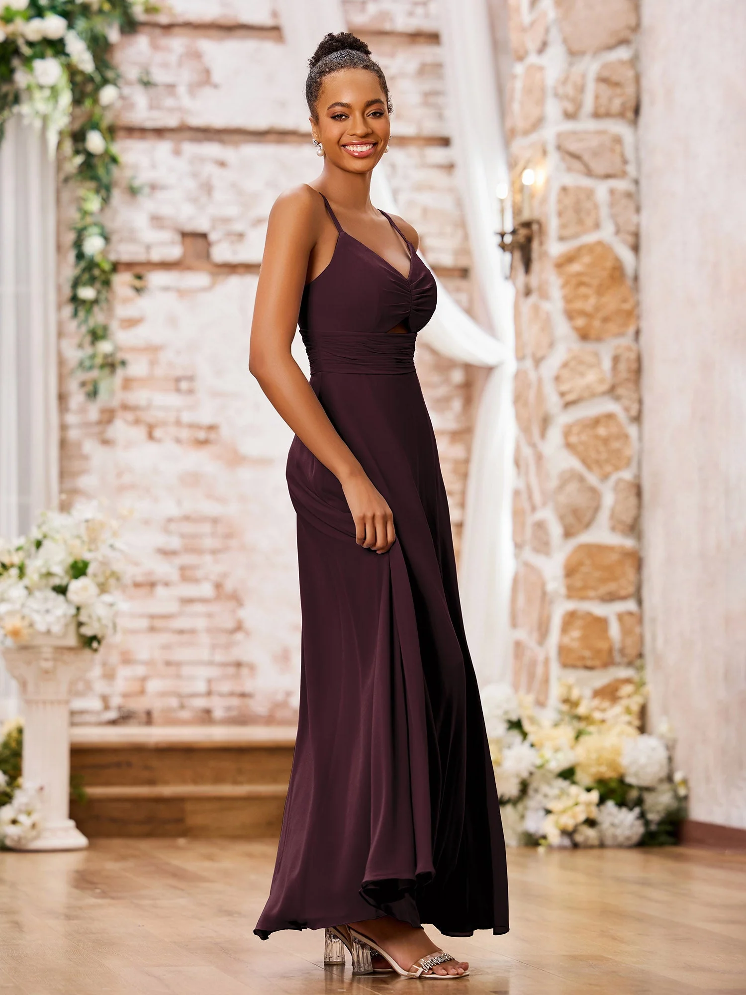 A-line Bridesmaid Dresses with Spaghetti Straps and Slit Cabernet - Image 3