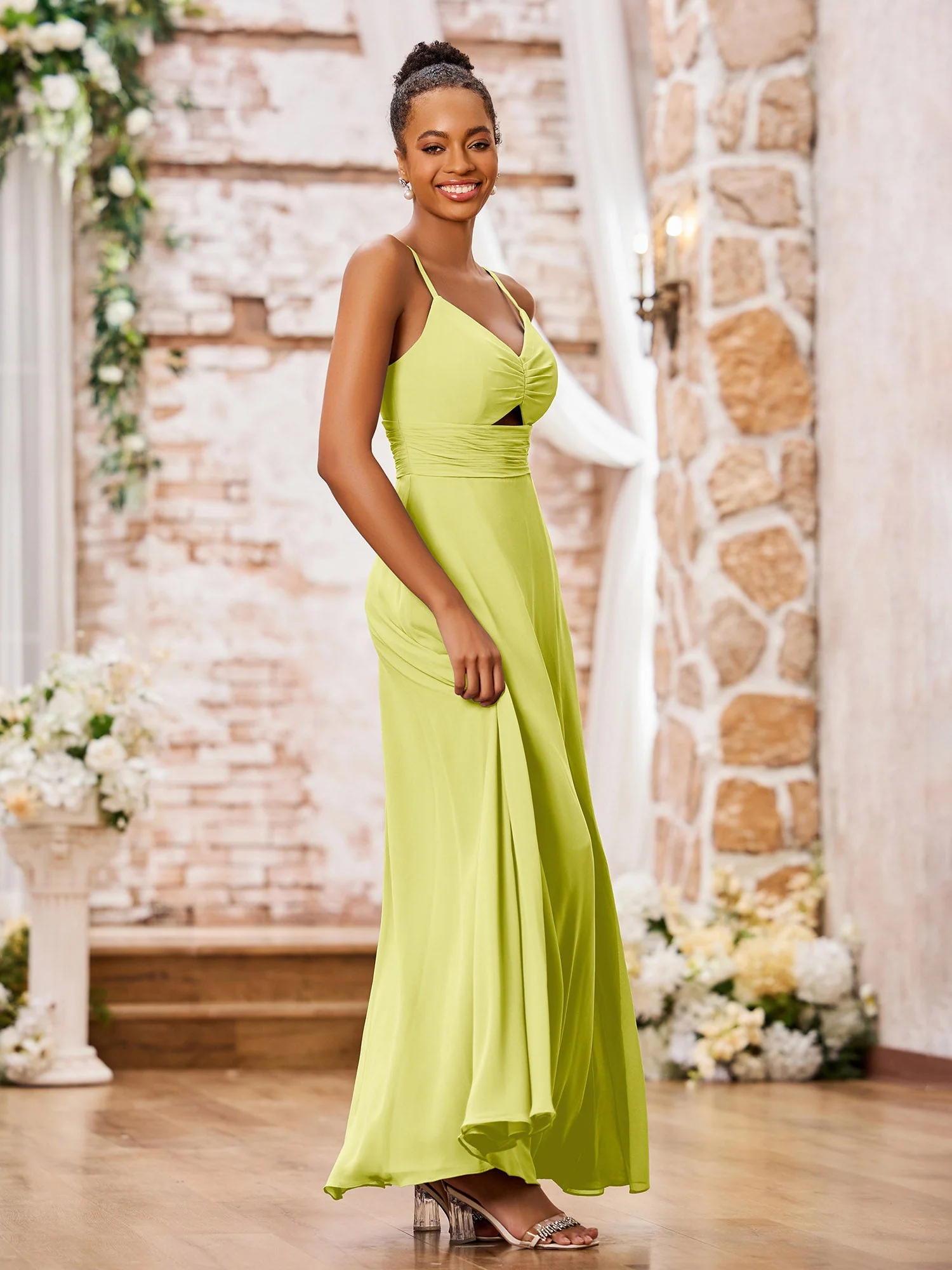 A-line Bridesmaid Dresses with Spaghetti Straps and Slit Daffodil - Image 3
