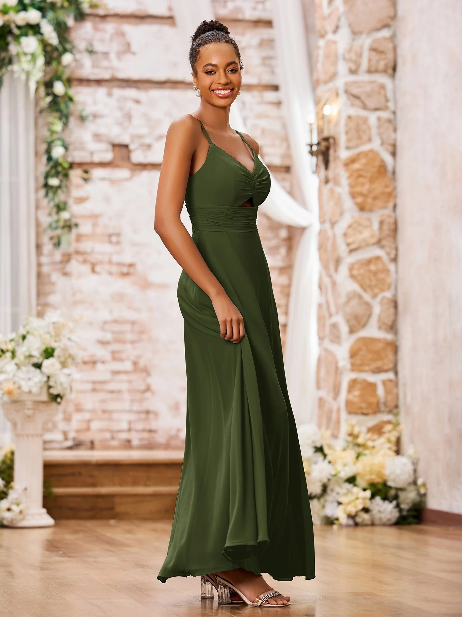 A-line Bridesmaid Dresses with Spaghetti Straps and Slit Olive Green - Image 3