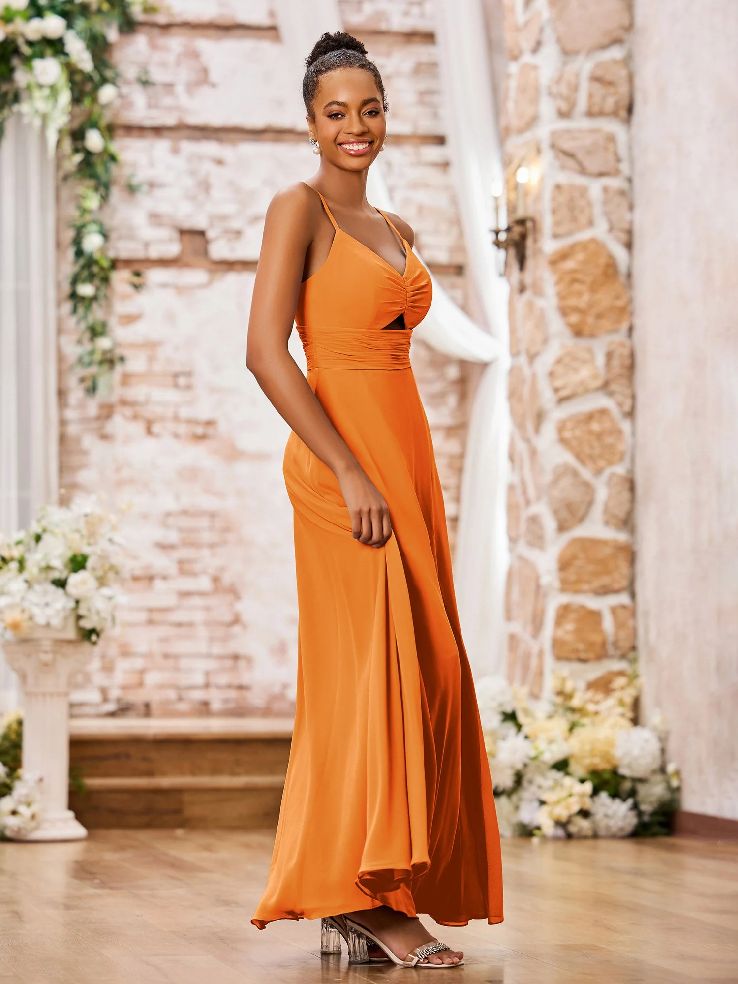 A-line Bridesmaid Dresses with Spaghetti Straps and Slit Orange - Image 3
