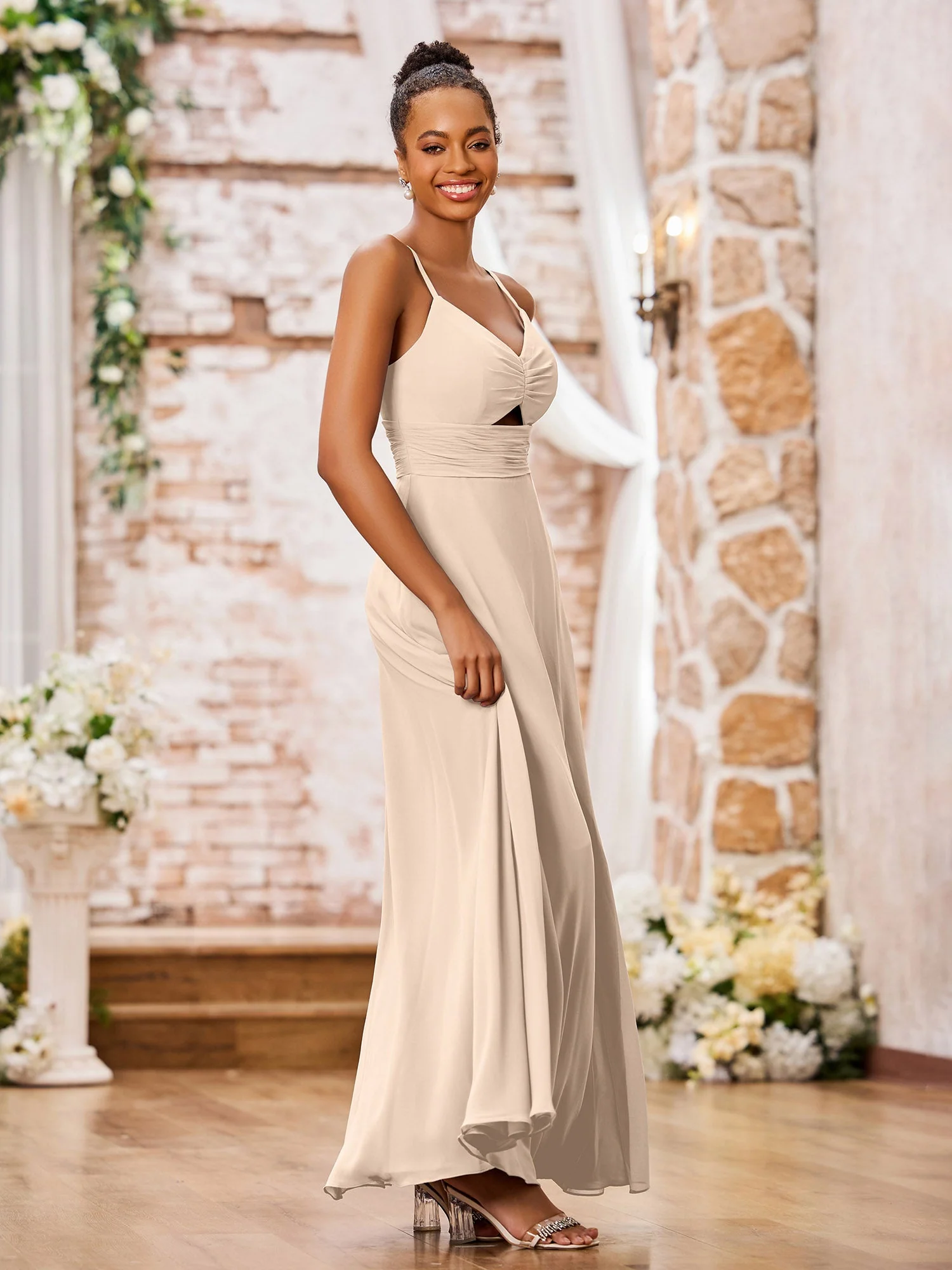 A-line Bridesmaid Dresses with Spaghetti Straps and Slit Peach - Image 3