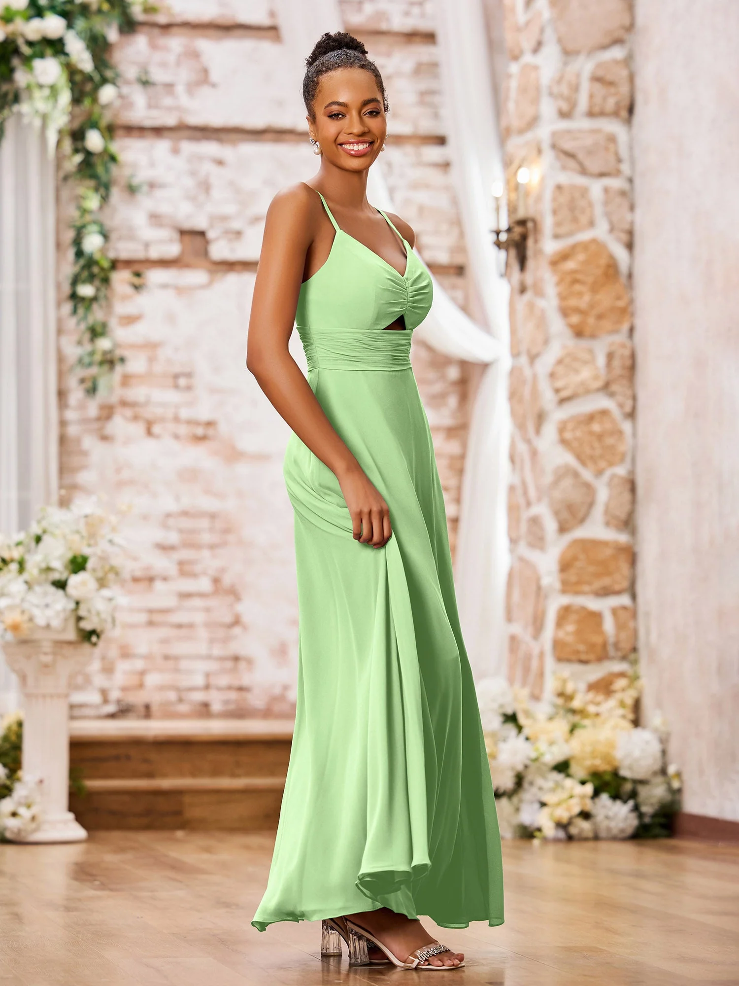 A-line Bridesmaid Dresses with Spaghetti Straps and Slit Sage - Image 3