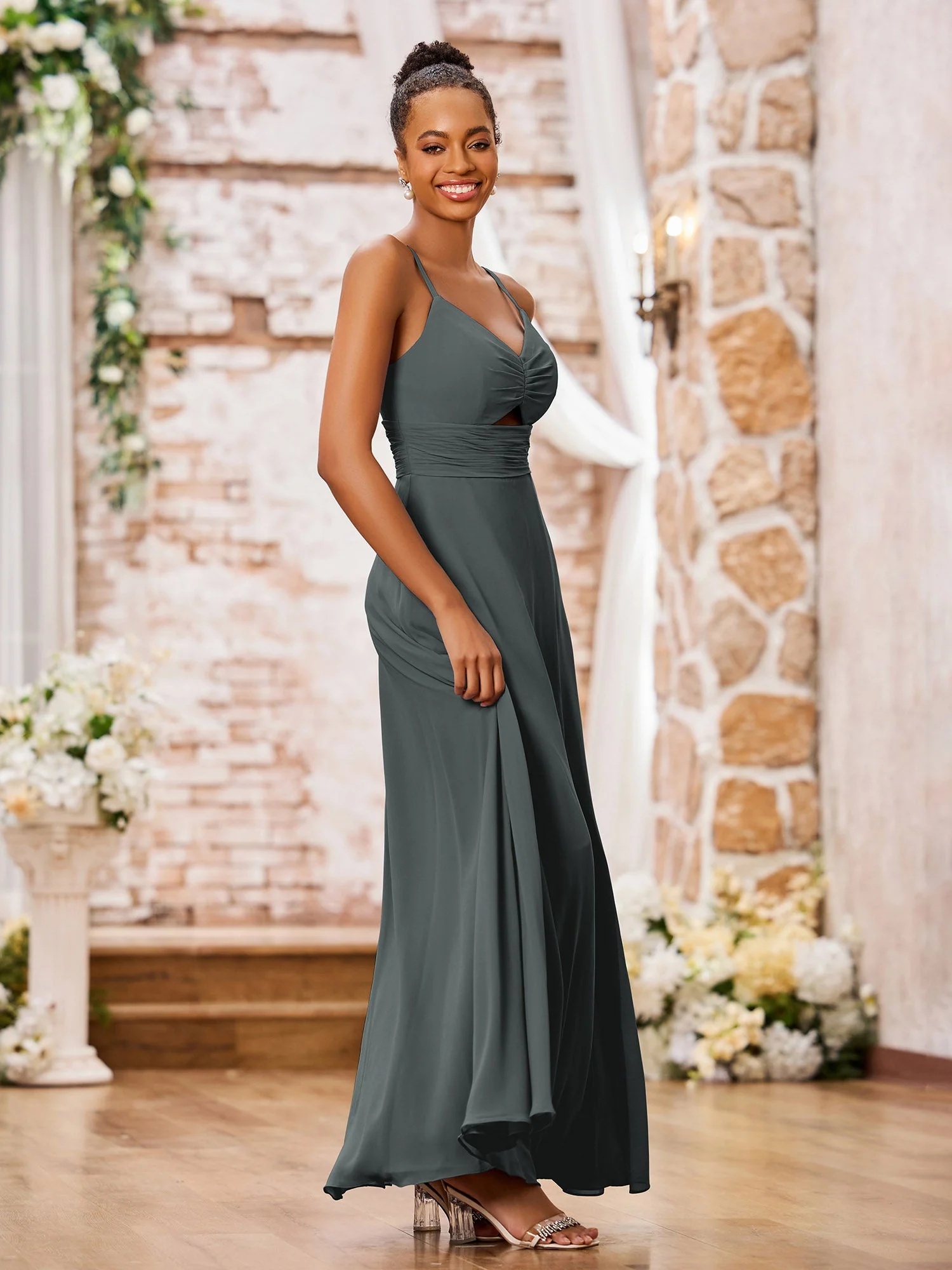 A-line Bridesmaid Dresses with Spaghetti Straps and Slit Steel Grey - Image 3