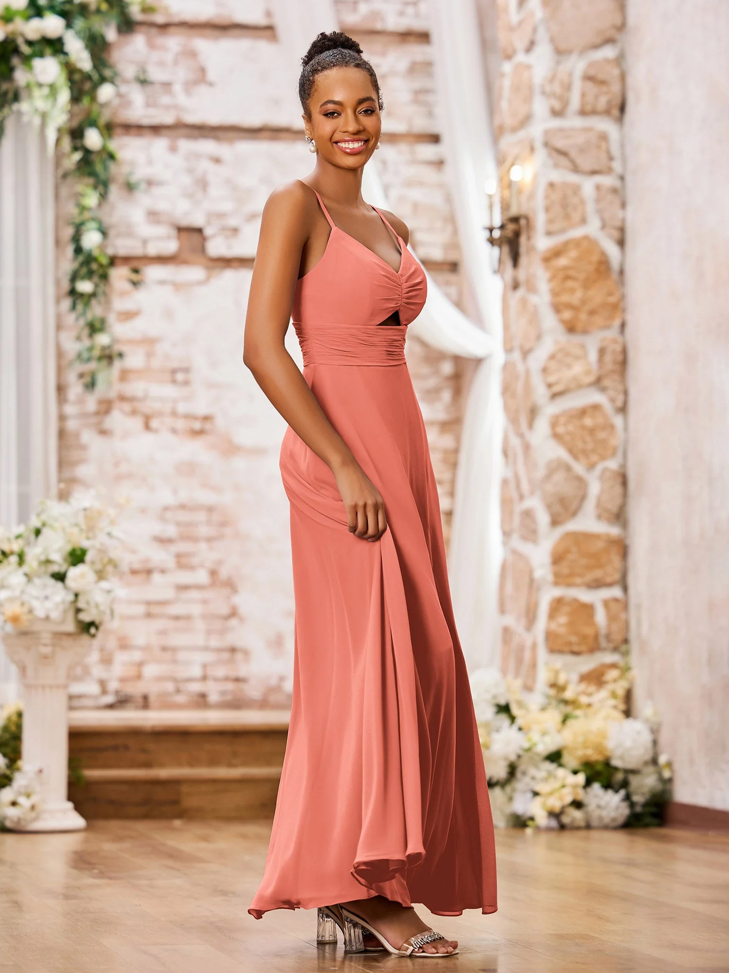 A-line Bridesmaid Dresses with Spaghetti Straps and Slit Sunset - Image 3