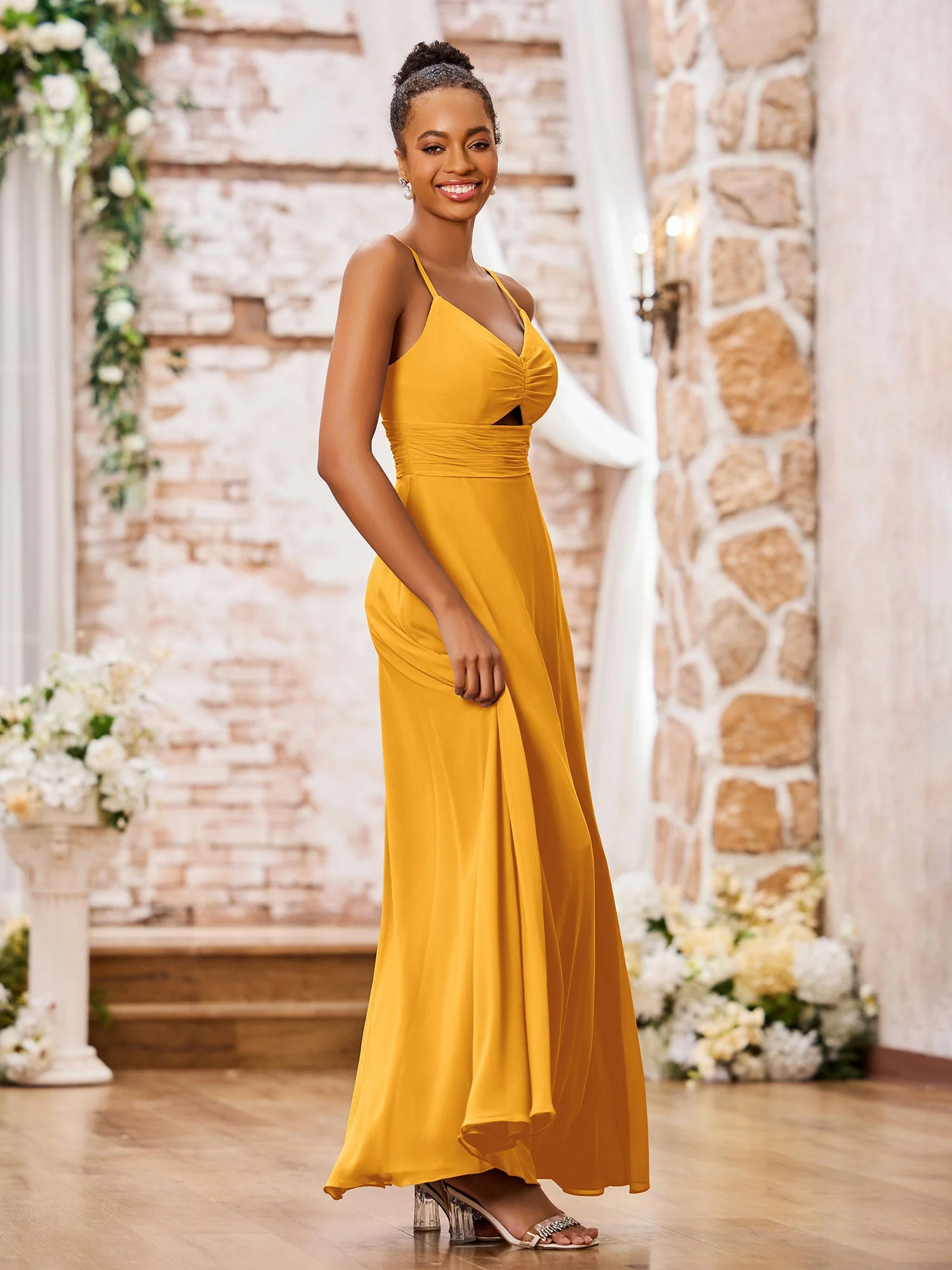 A-line Bridesmaid Dresses with Spaghetti Straps and Slit Tangerine - Image 3