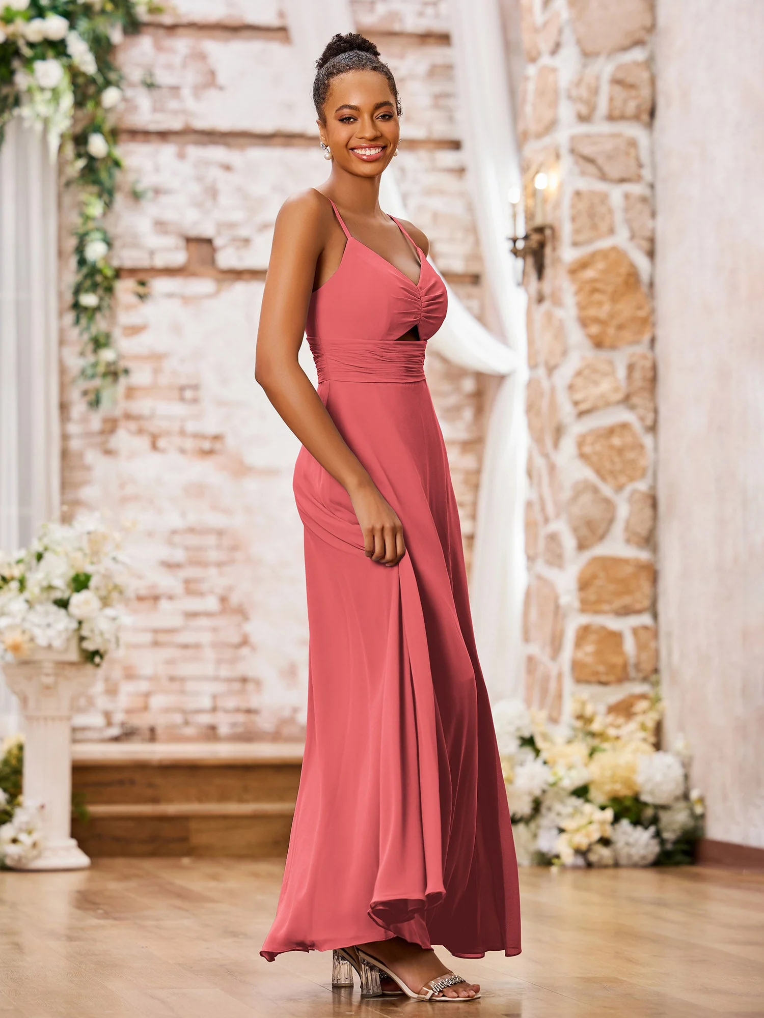 A-line Bridesmaid Dresses with Spaghetti Straps and Slit Watermelon - Image 3