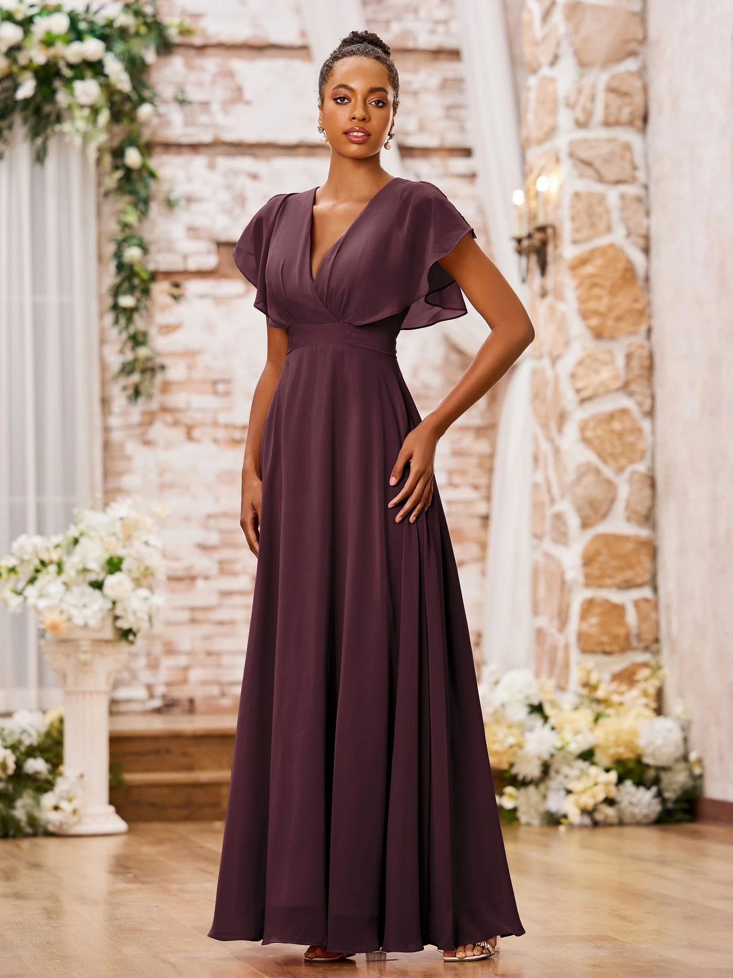 A-line Chiffon Dresses with Deep V-neck and Cap Sleeves Cabernet - Image 3