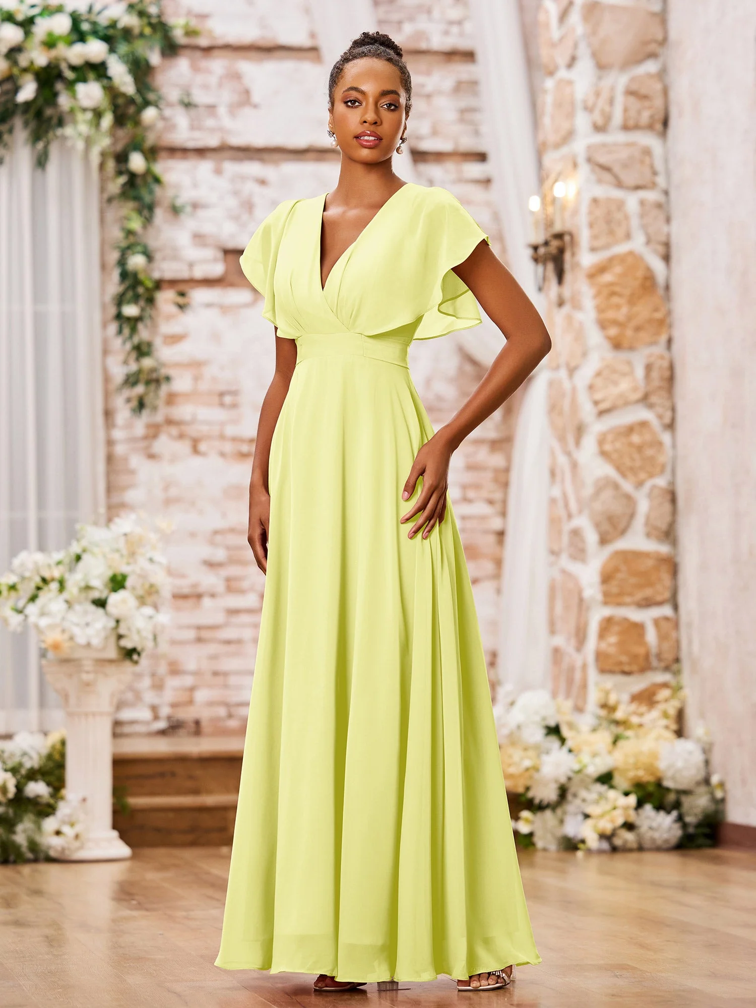 A-line Chiffon Dresses with Deep V-neck and Cap Sleeves Daffodil - Image 3