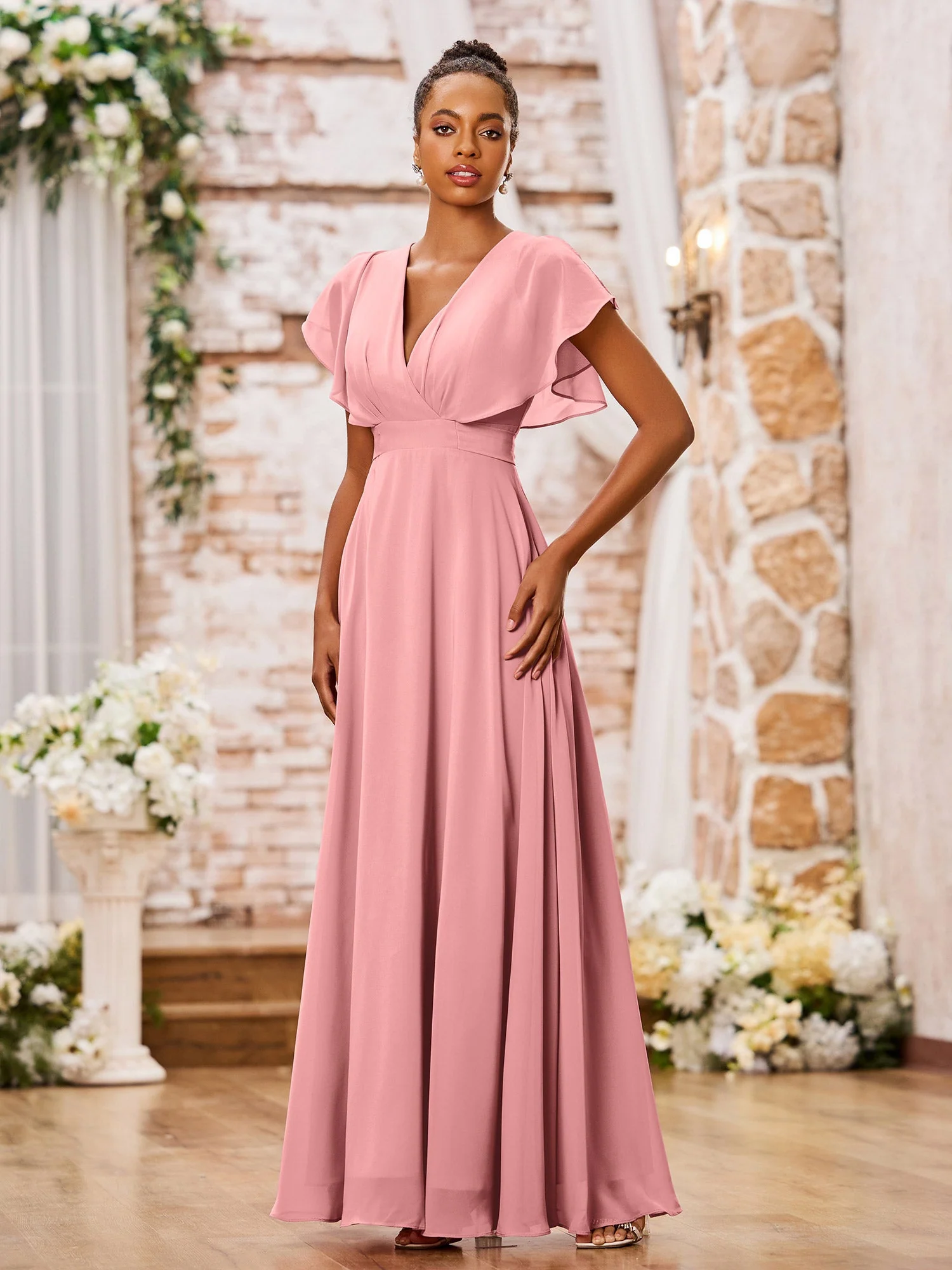 A-line Chiffon Dresses with Deep V-neck and Cap Sleeves Flamingo - Image 3