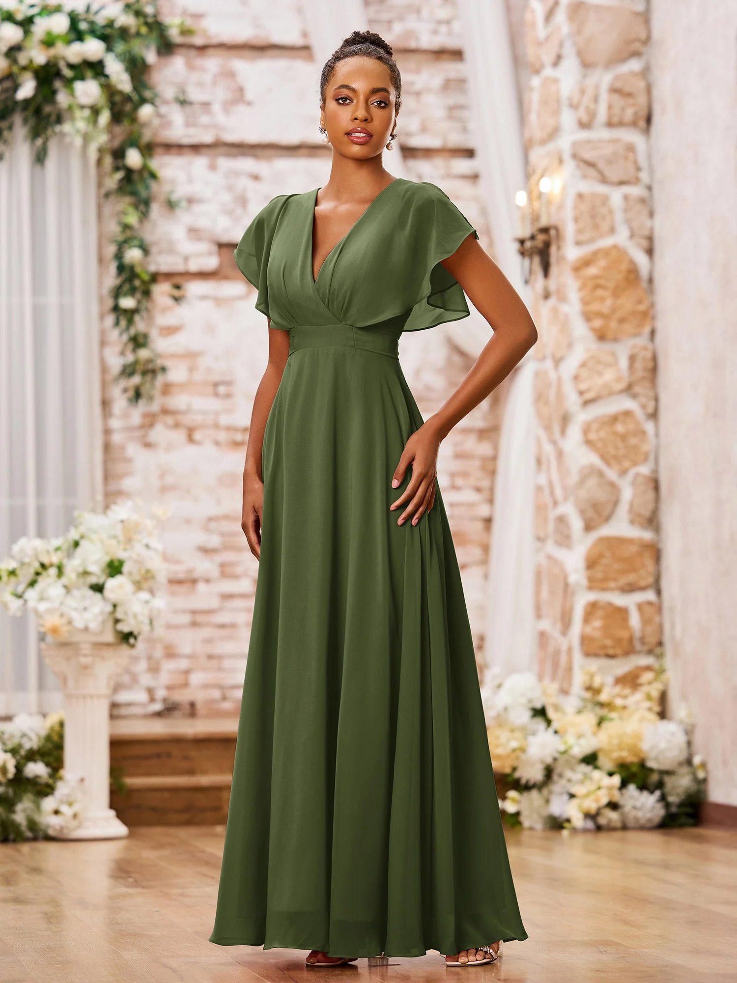 A-line Chiffon Dresses with Deep V-neck and Cap Sleeves Olive Green - Image 3