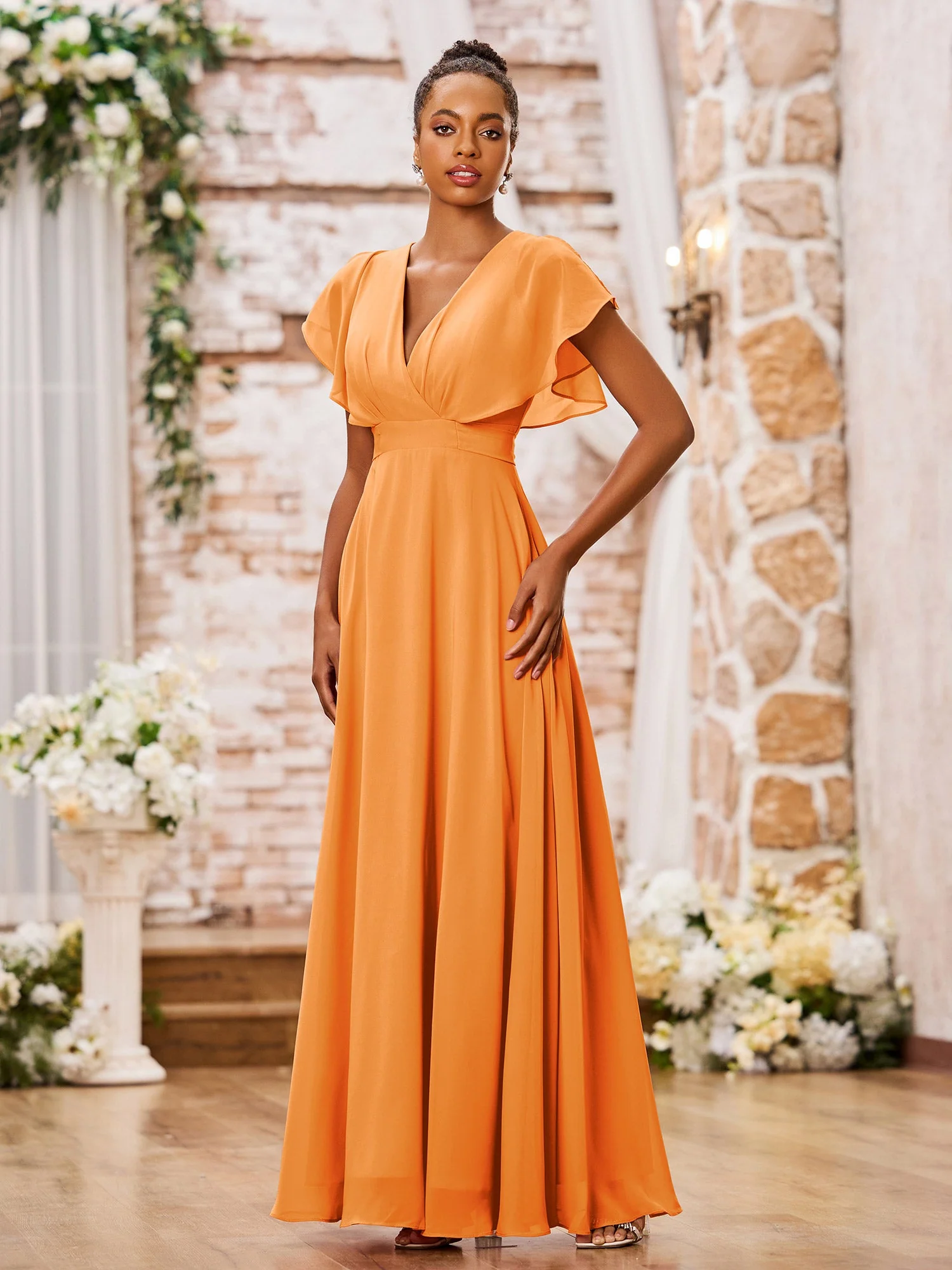 A-line Chiffon Dresses with Deep V-neck and Cap Sleeves Orange - Image 3