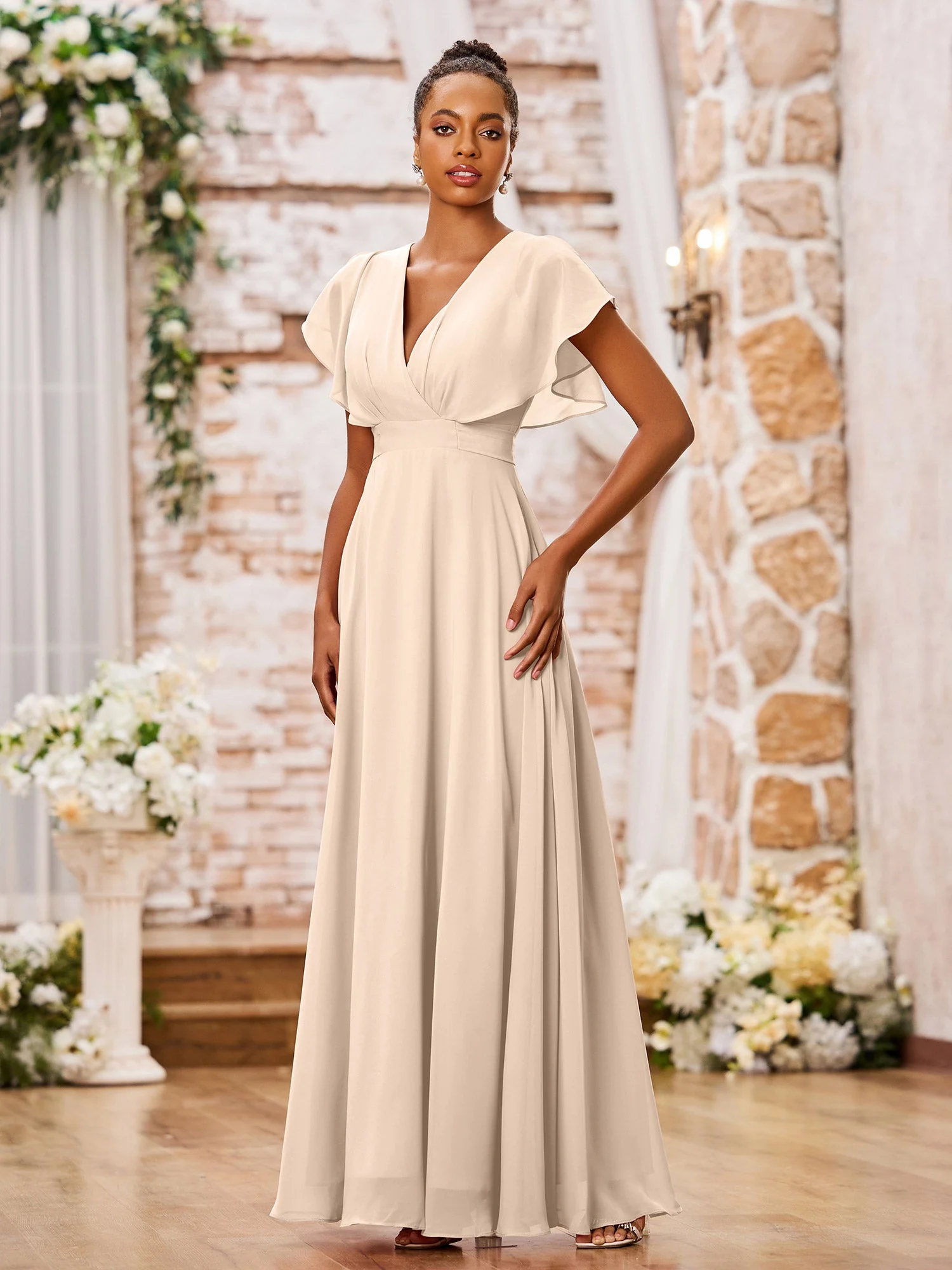 A-line Chiffon Dresses with Deep V-neck and Cap Sleeves Peach - Image 3