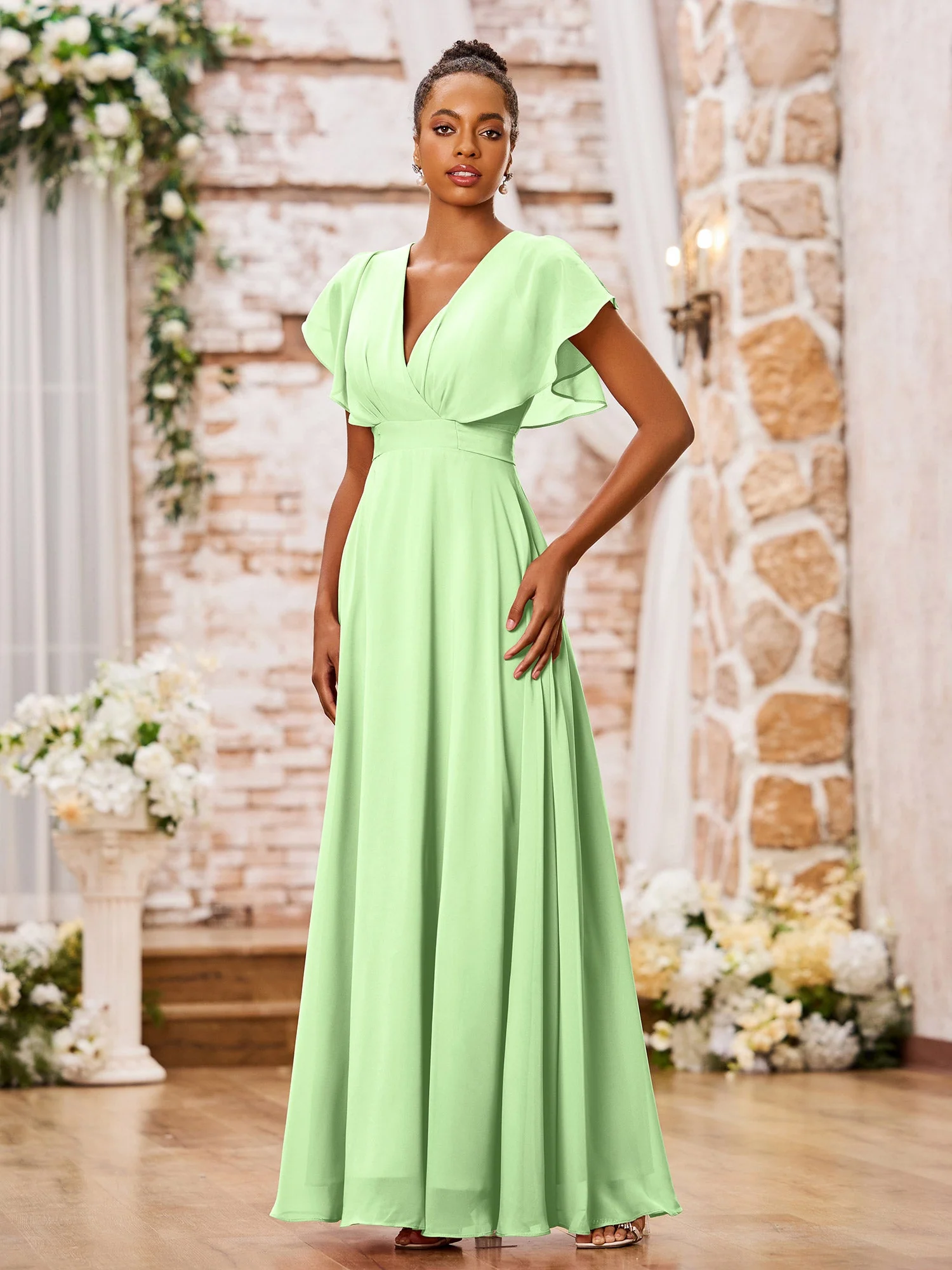 A-line Chiffon Dresses with Deep V-neck and Cap Sleeves Sage - Image 3