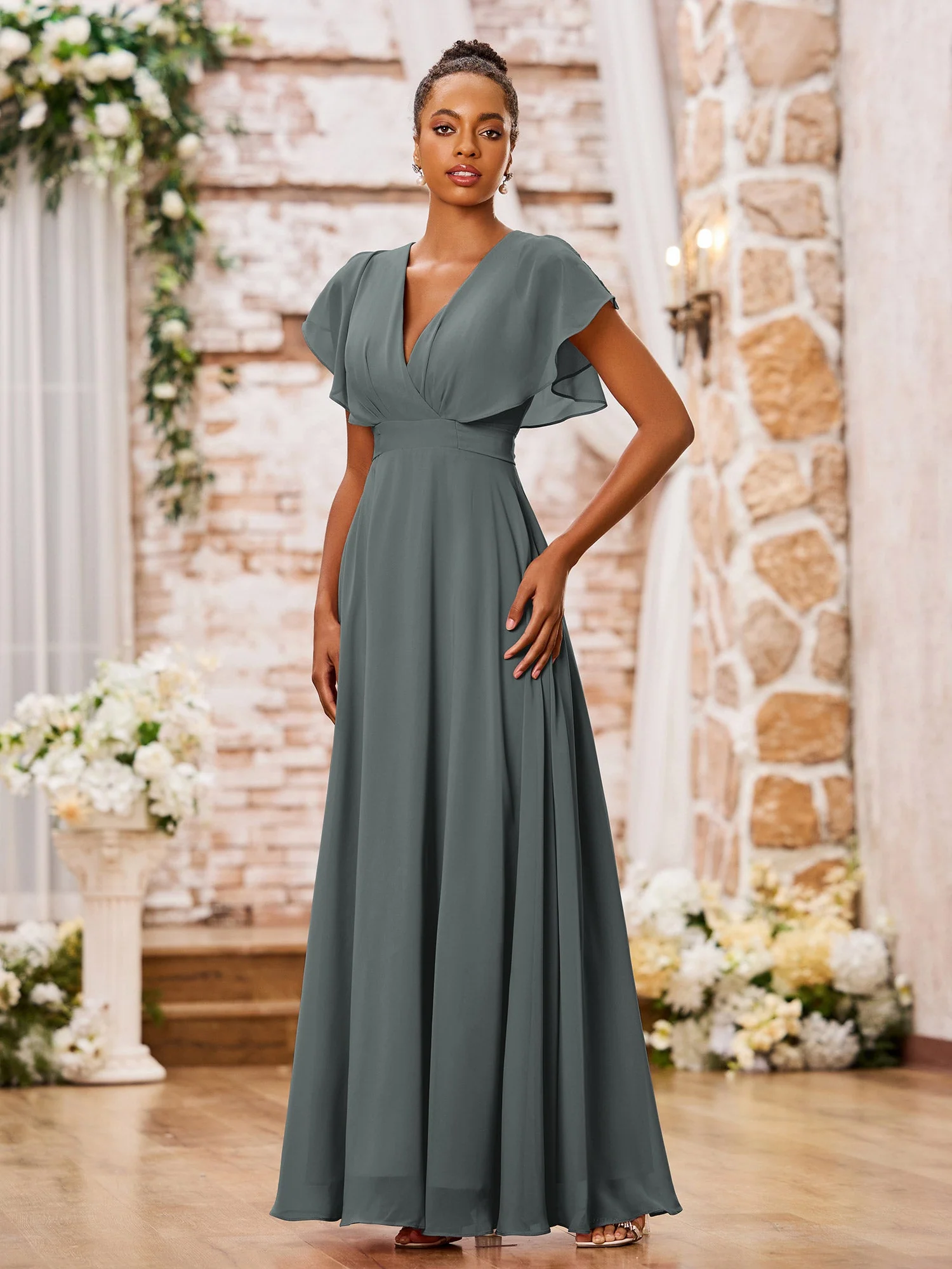 A-line Chiffon Dresses with Deep V-neck and Cap Sleeves Steel Grey - Image 3