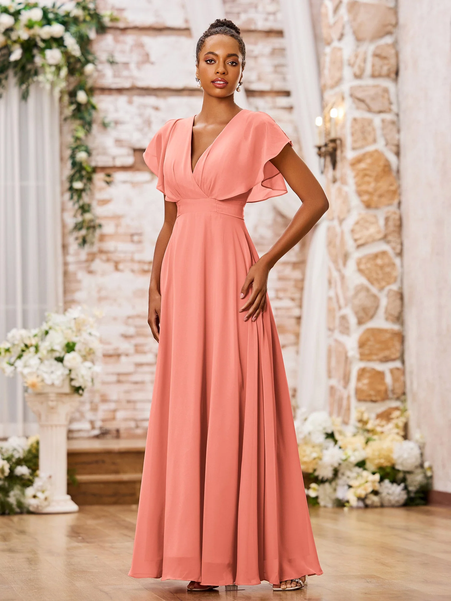 A-line Chiffon Dresses with Deep V-neck and Cap Sleeves Sunset - Image 3