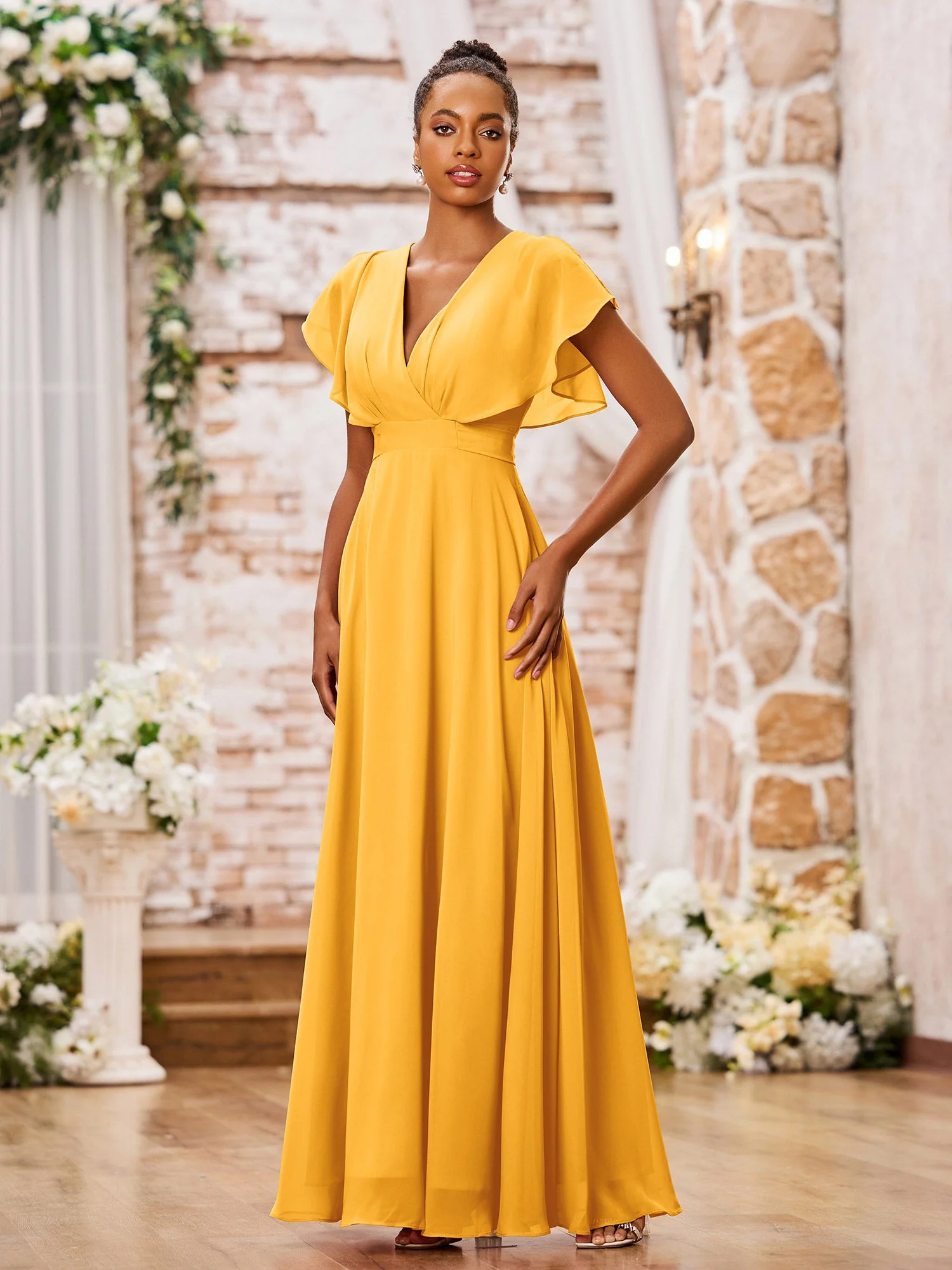 A-line Chiffon Dresses with Deep V-neck and Cap Sleeves Tangerine - Image 3