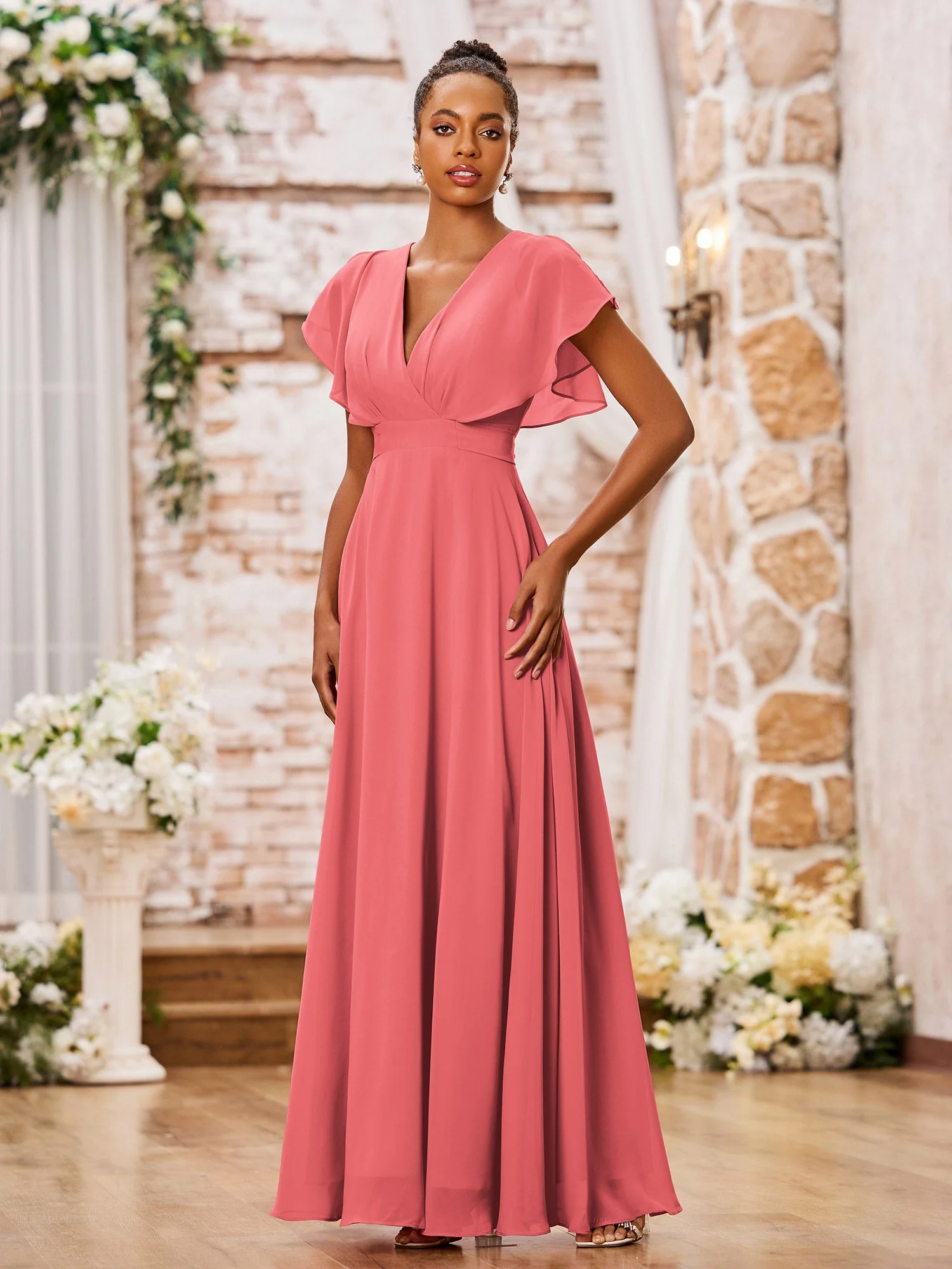 A-line Chiffon Dresses with Deep V-neck and Cap Sleeves Watermelon - Image 3