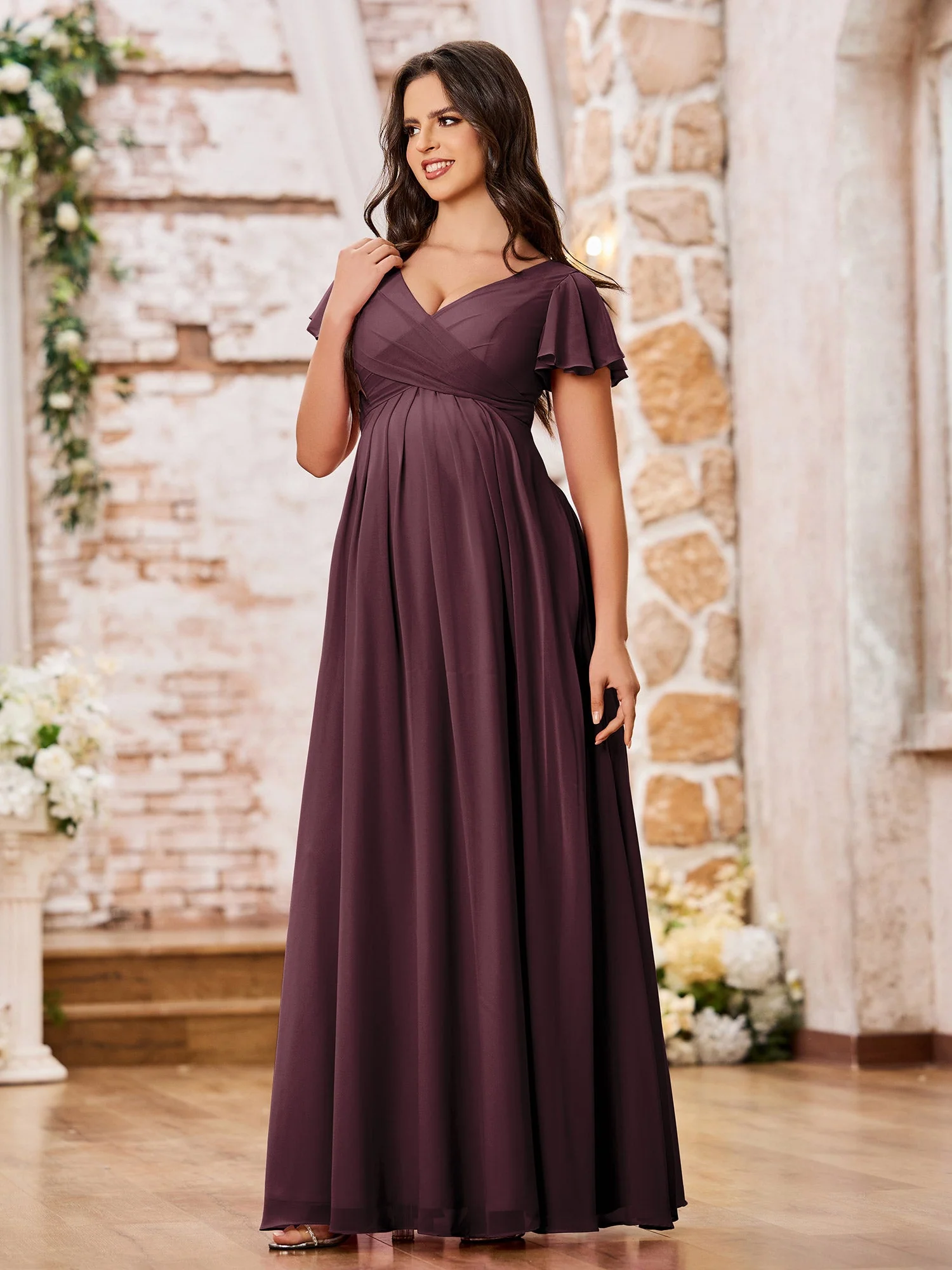 A-line Chiffon Dresses with Empire Waist and Cap Sleeves Cabernet - Image 3