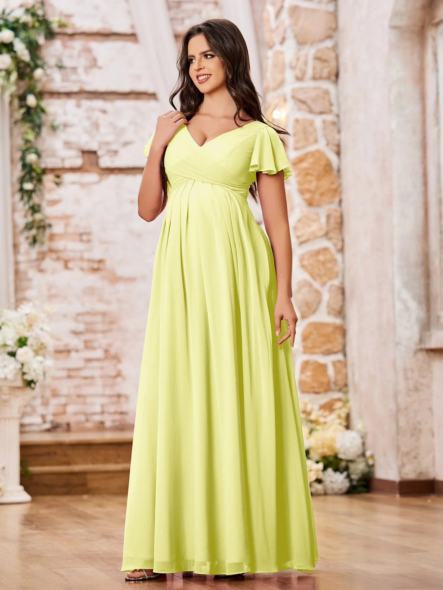 A-line Chiffon Dresses with Empire Waist and Cap Sleeves Daffodil - Image 3