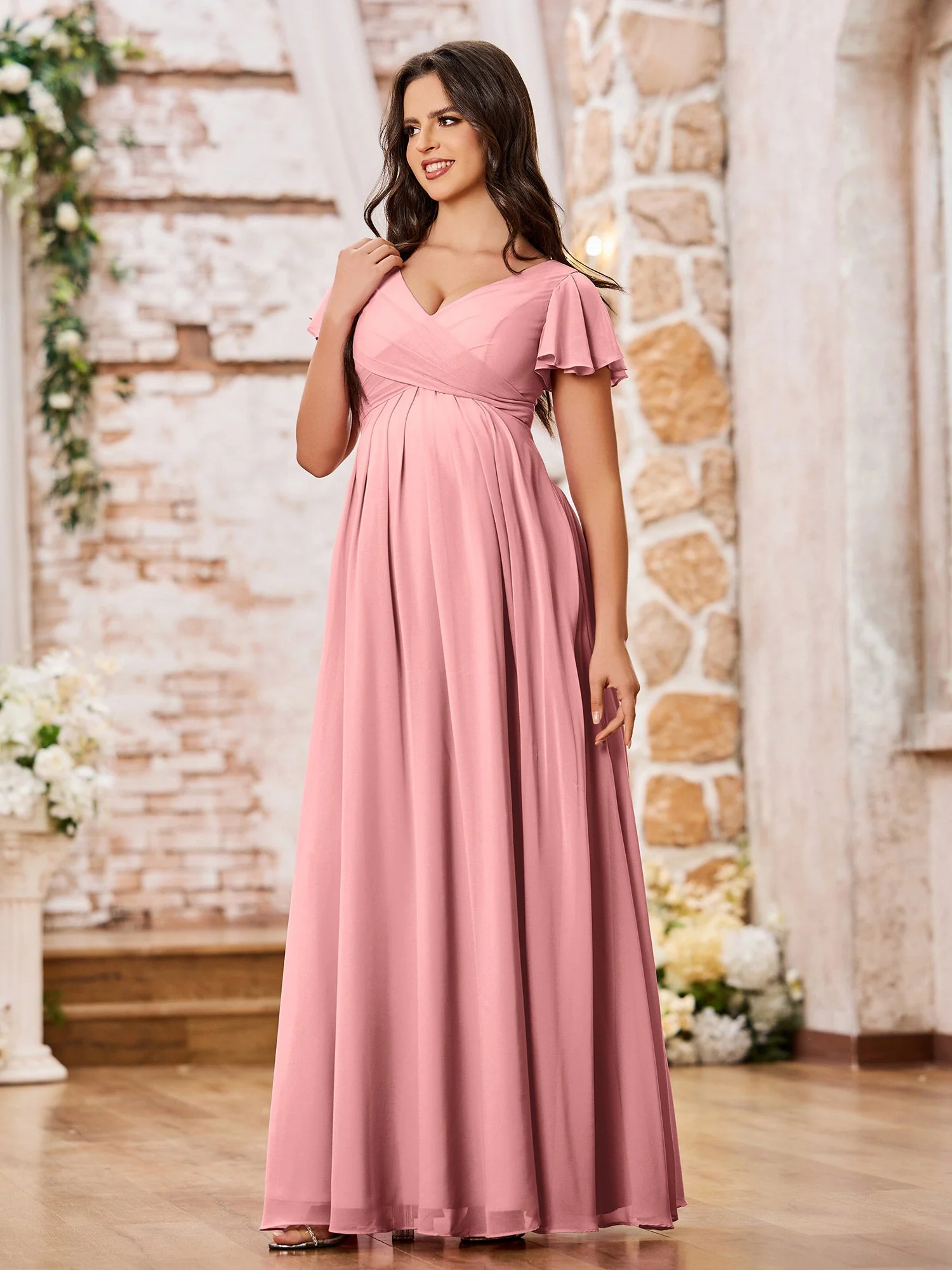 A-line Chiffon Dresses with Empire Waist and Cap Sleeves Flamingo - Image 3