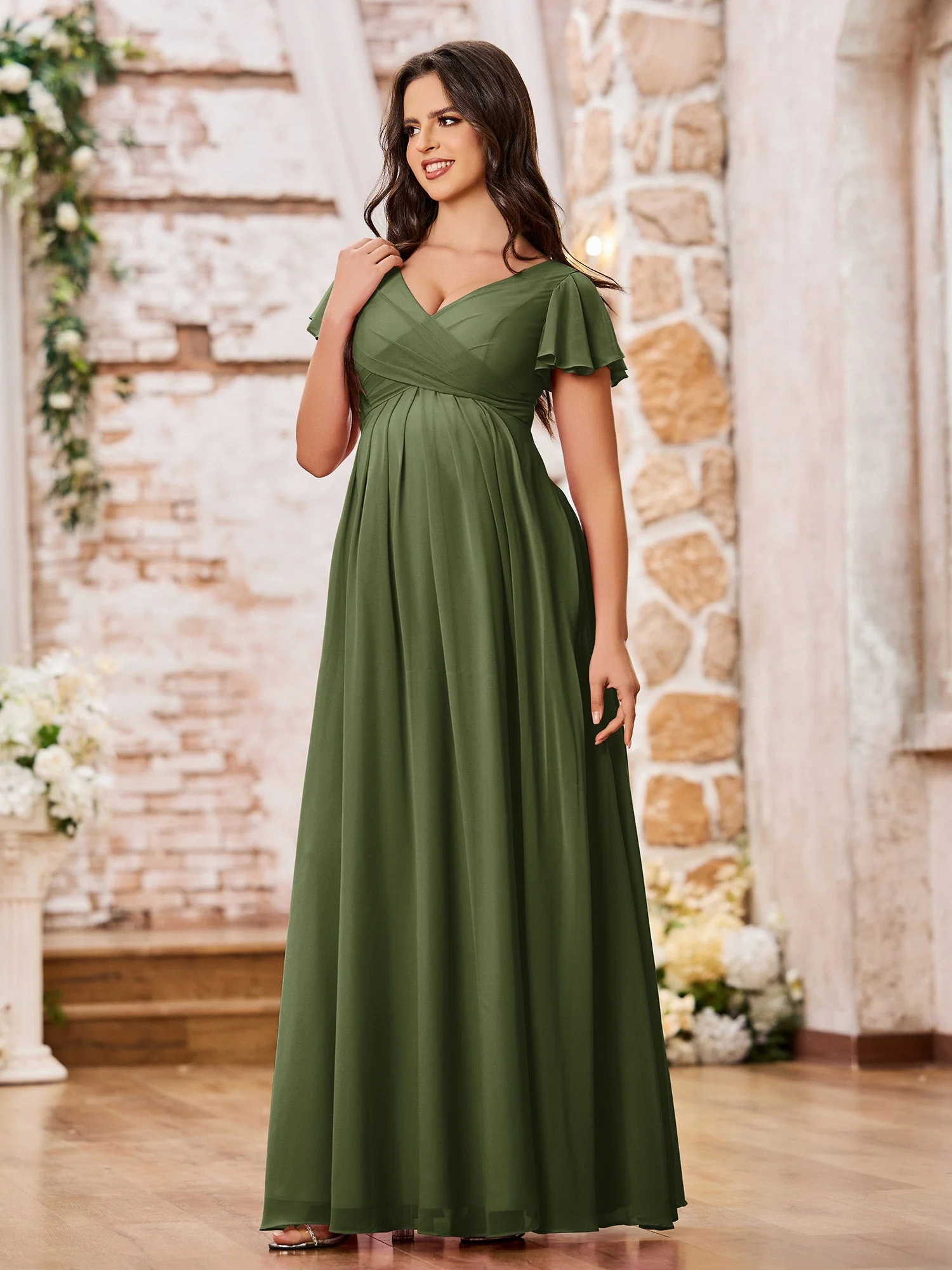 A-line Chiffon Dresses with Empire Waist and Cap Sleeves Olive Green - Image 3