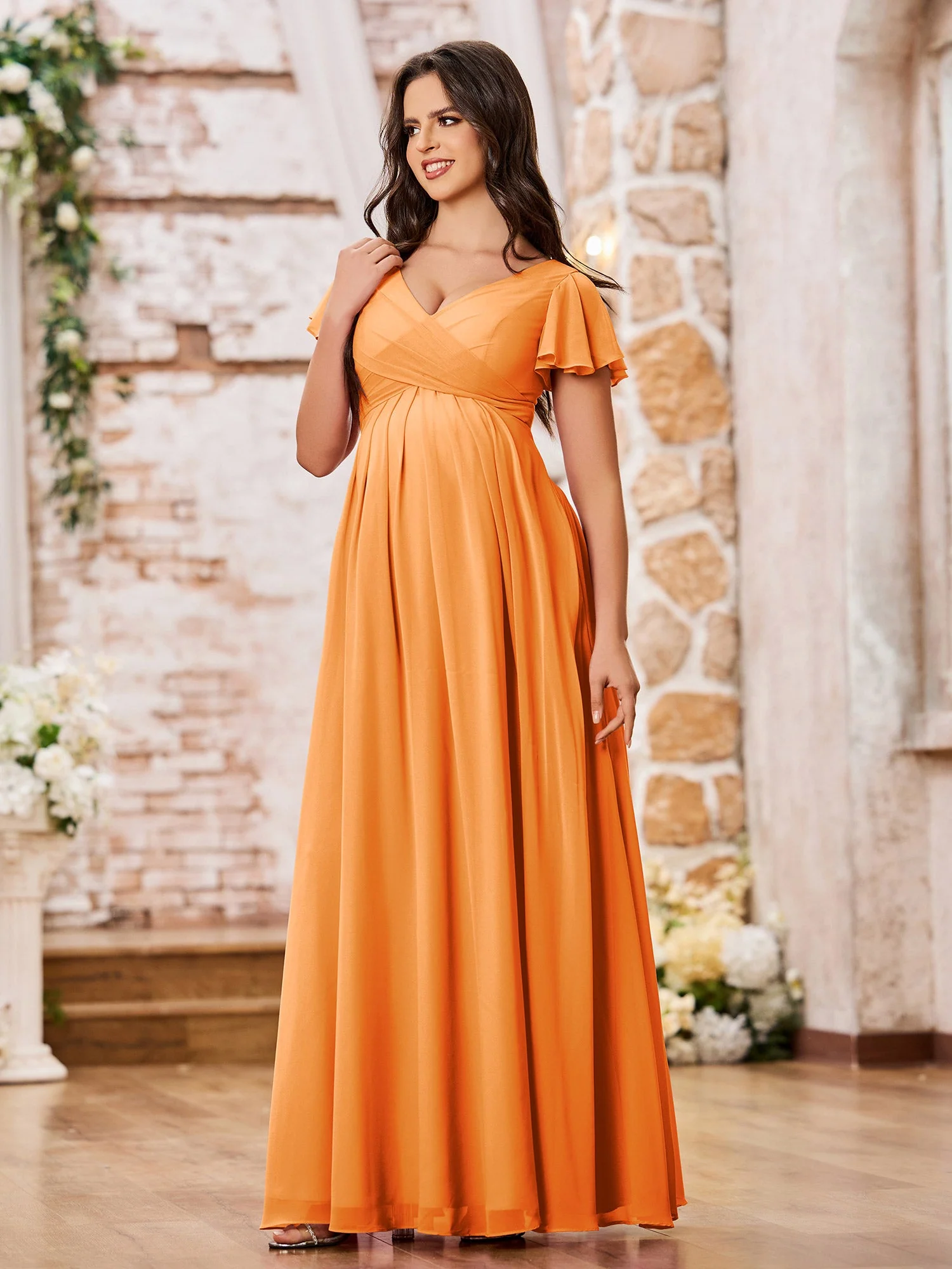 A-line Chiffon Dresses with Empire Waist and Cap Sleeves Orange - Image 3