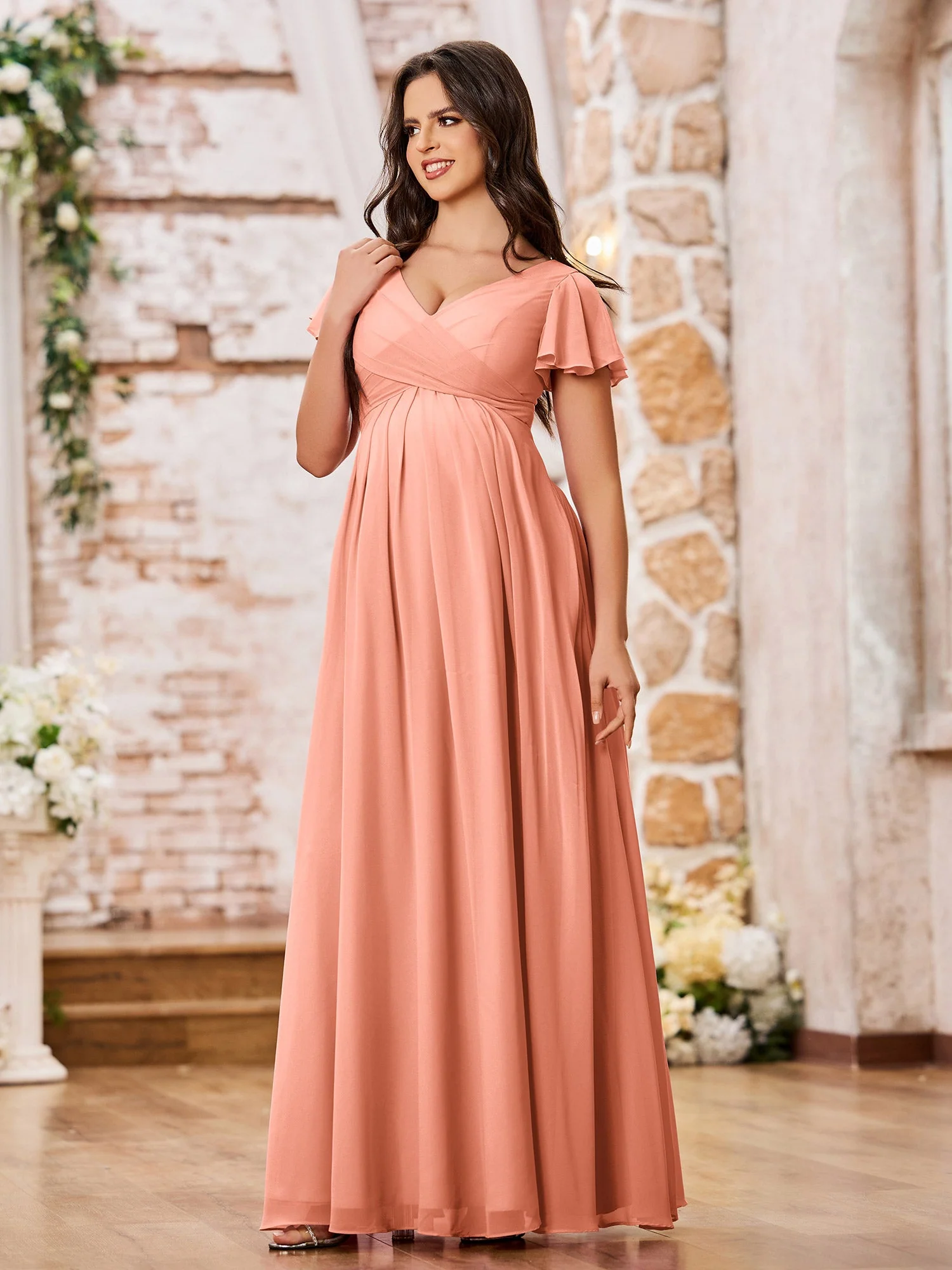 A-line Chiffon Dresses with Empire Waist and Cap Sleeves Papaya - Image 3