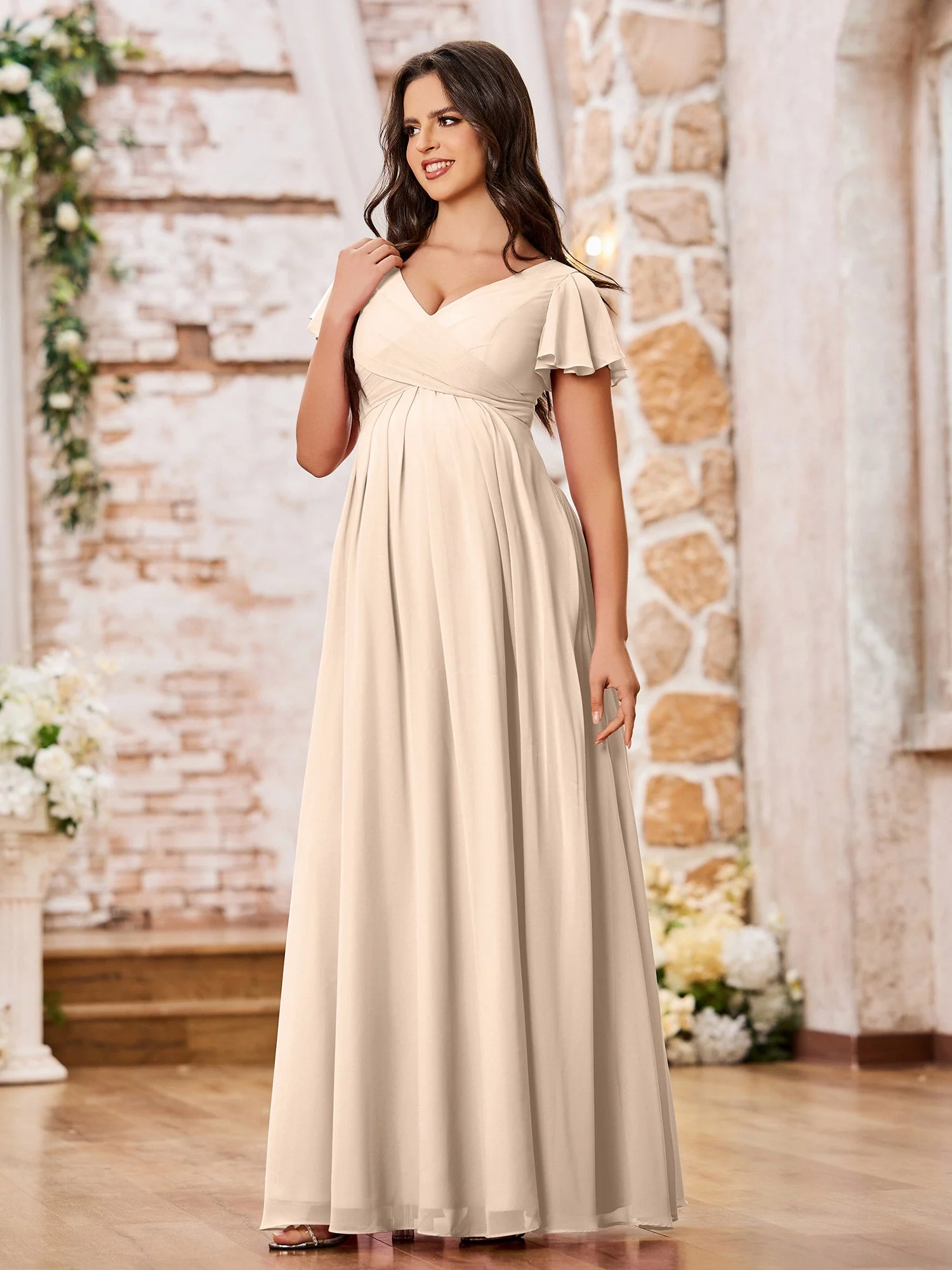A-line Chiffon Dresses with Empire Waist and Cap Sleeves Peach - Image 3