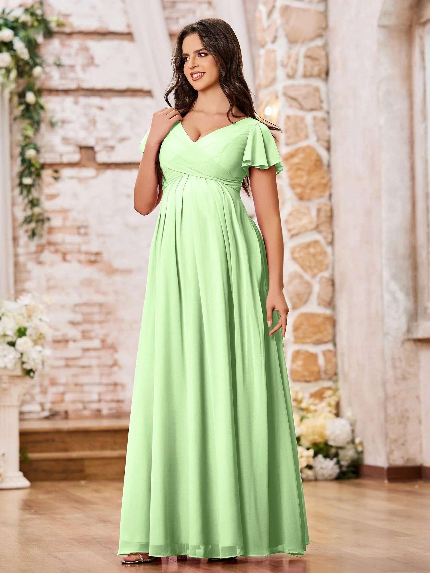 A-line Chiffon Dresses with Empire Waist and Cap Sleeves Sage - Image 3