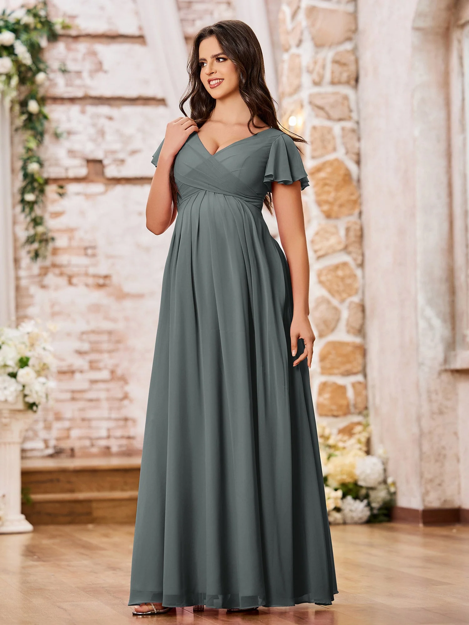 A-line Chiffon Dresses with Empire Waist and Cap Sleeves Steel Grey - Image 3