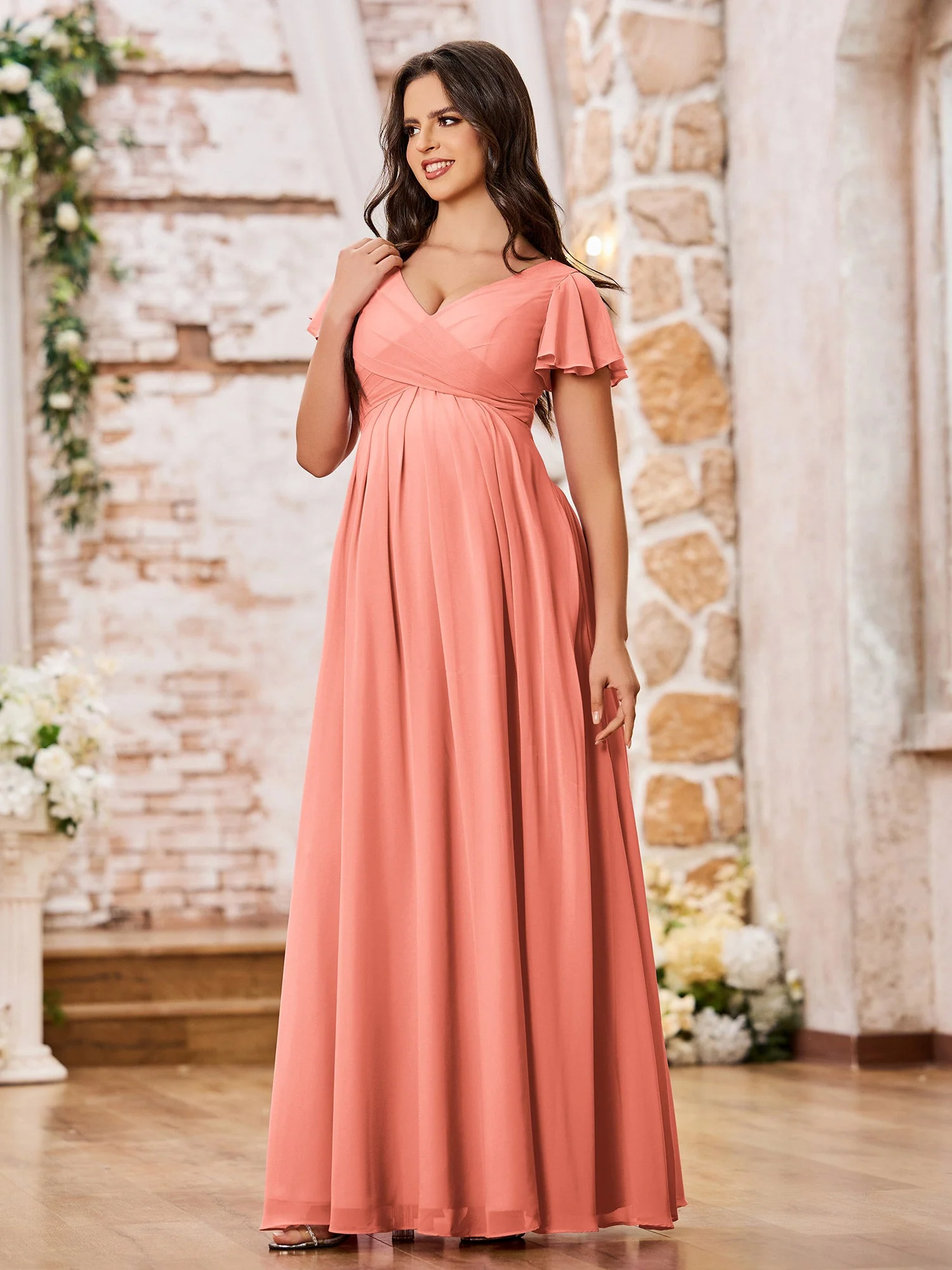 A-line Chiffon Dresses with Empire Waist and Cap Sleeves Sunset - Image 3