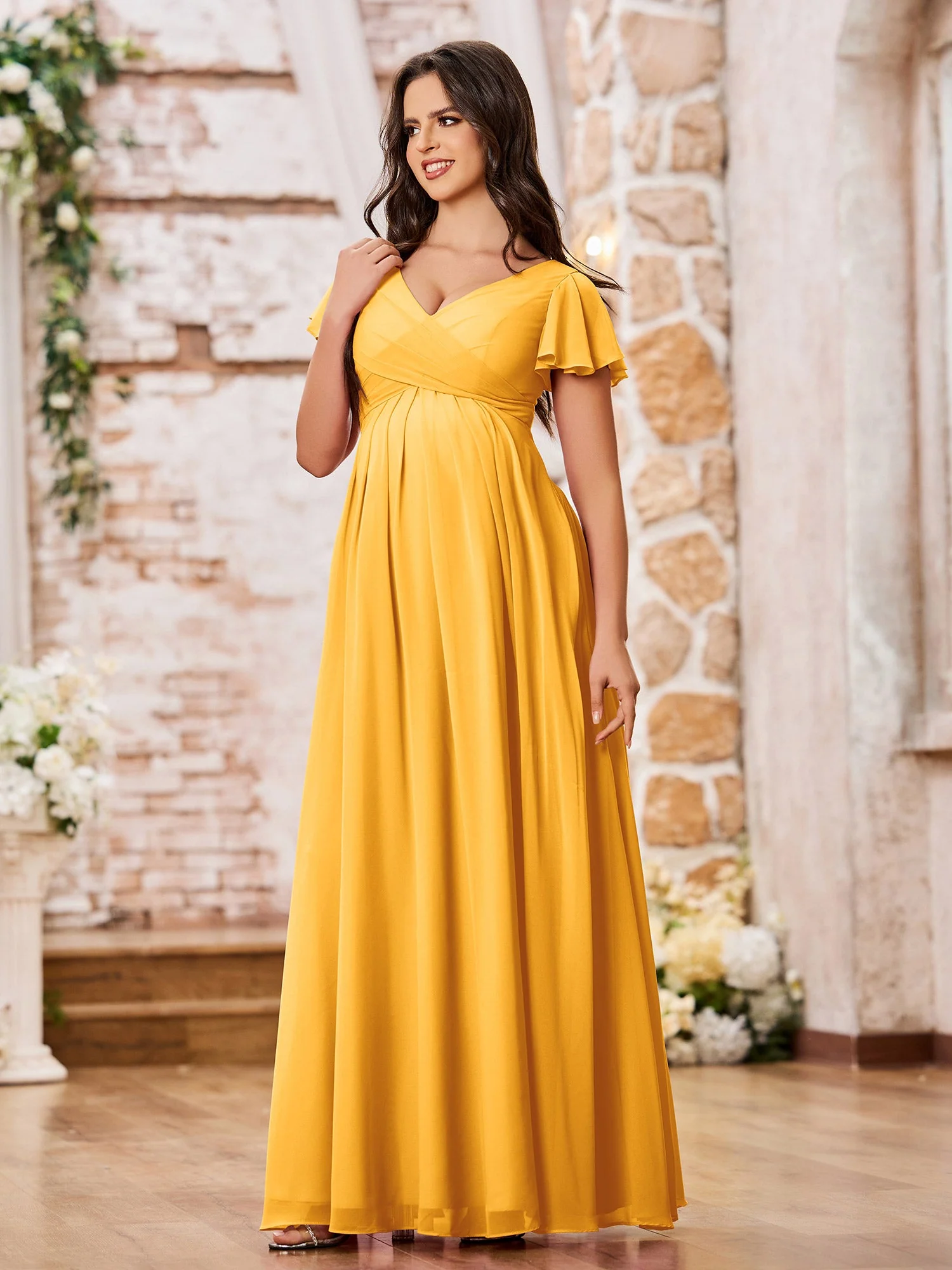 A-line Chiffon Dresses with Empire Waist and Cap Sleeves Tangerine - Image 3