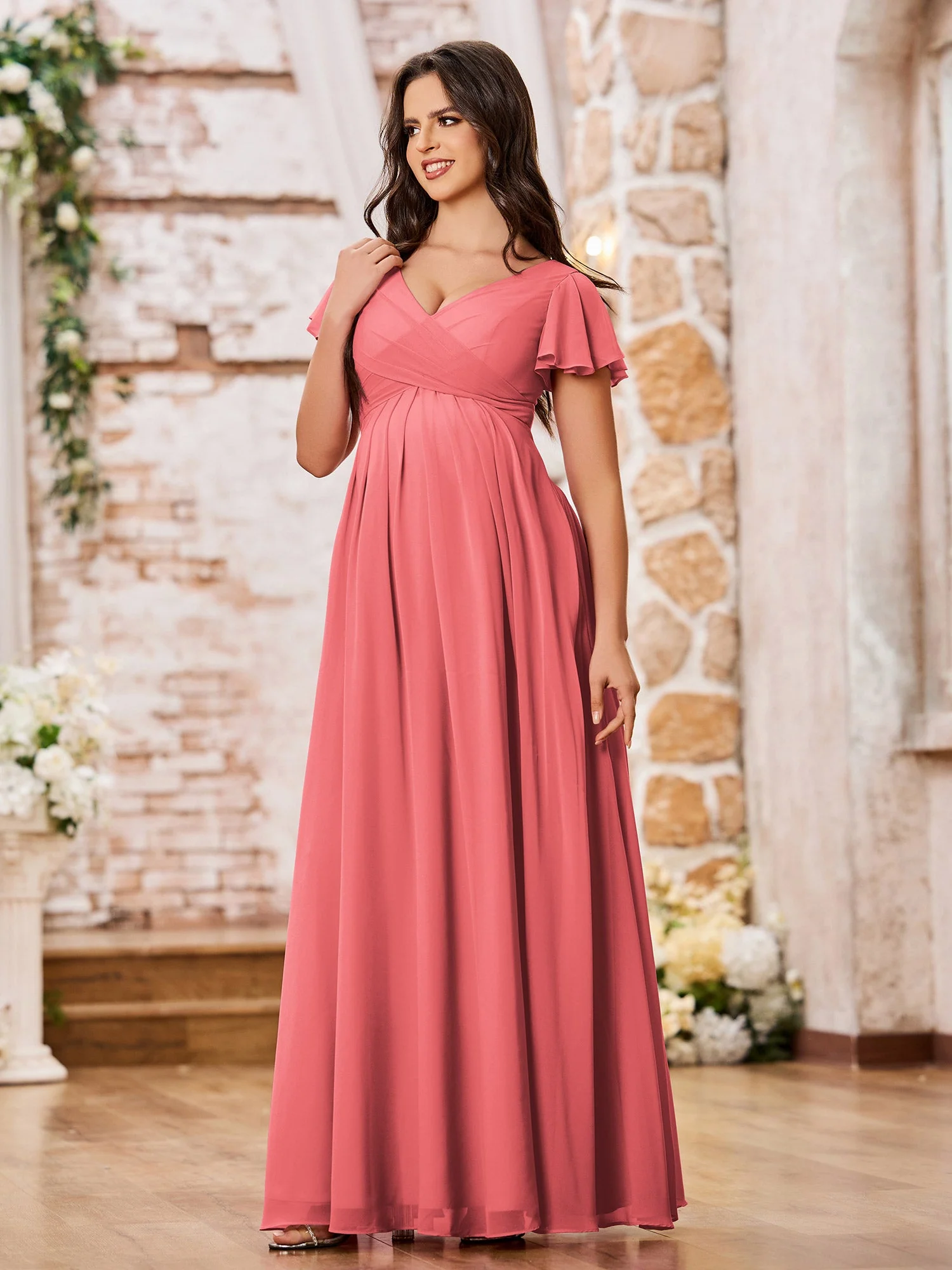A-line Chiffon Dresses with Empire Waist and Cap Sleeves Watermelon - Image 3