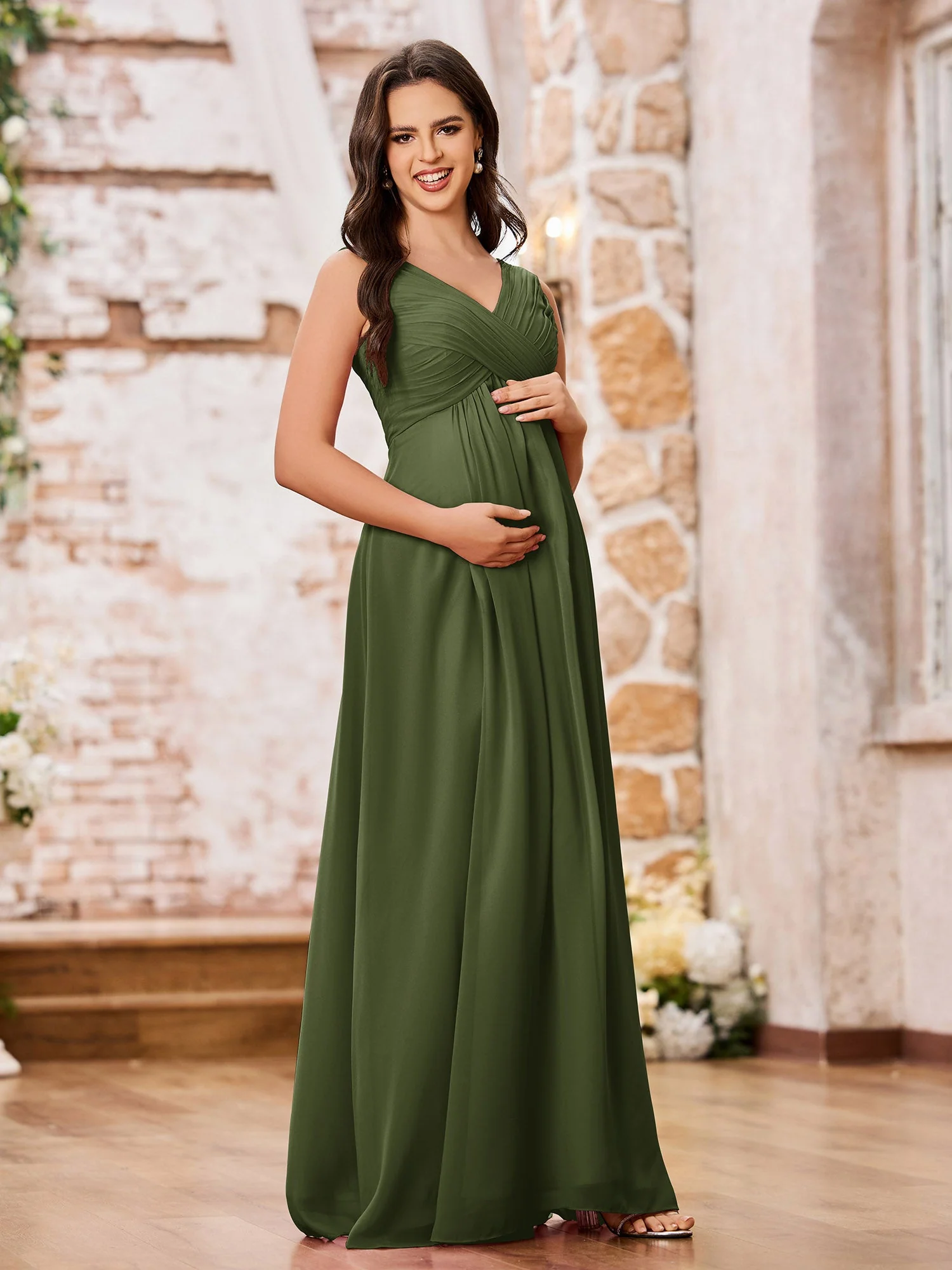 A-line Chiffon Dresses with V-neck Empire Waist Olive Green - Image 3
