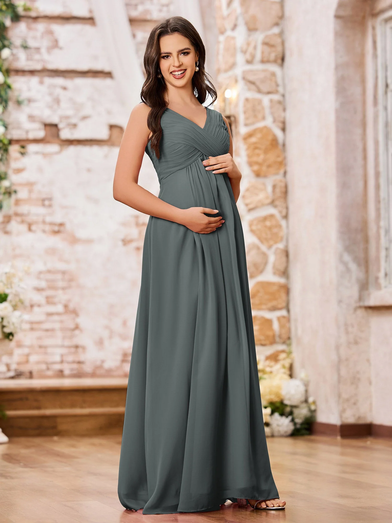 A-line Chiffon Dresses with V-neck Empire Waist Steel Grey - Image 3