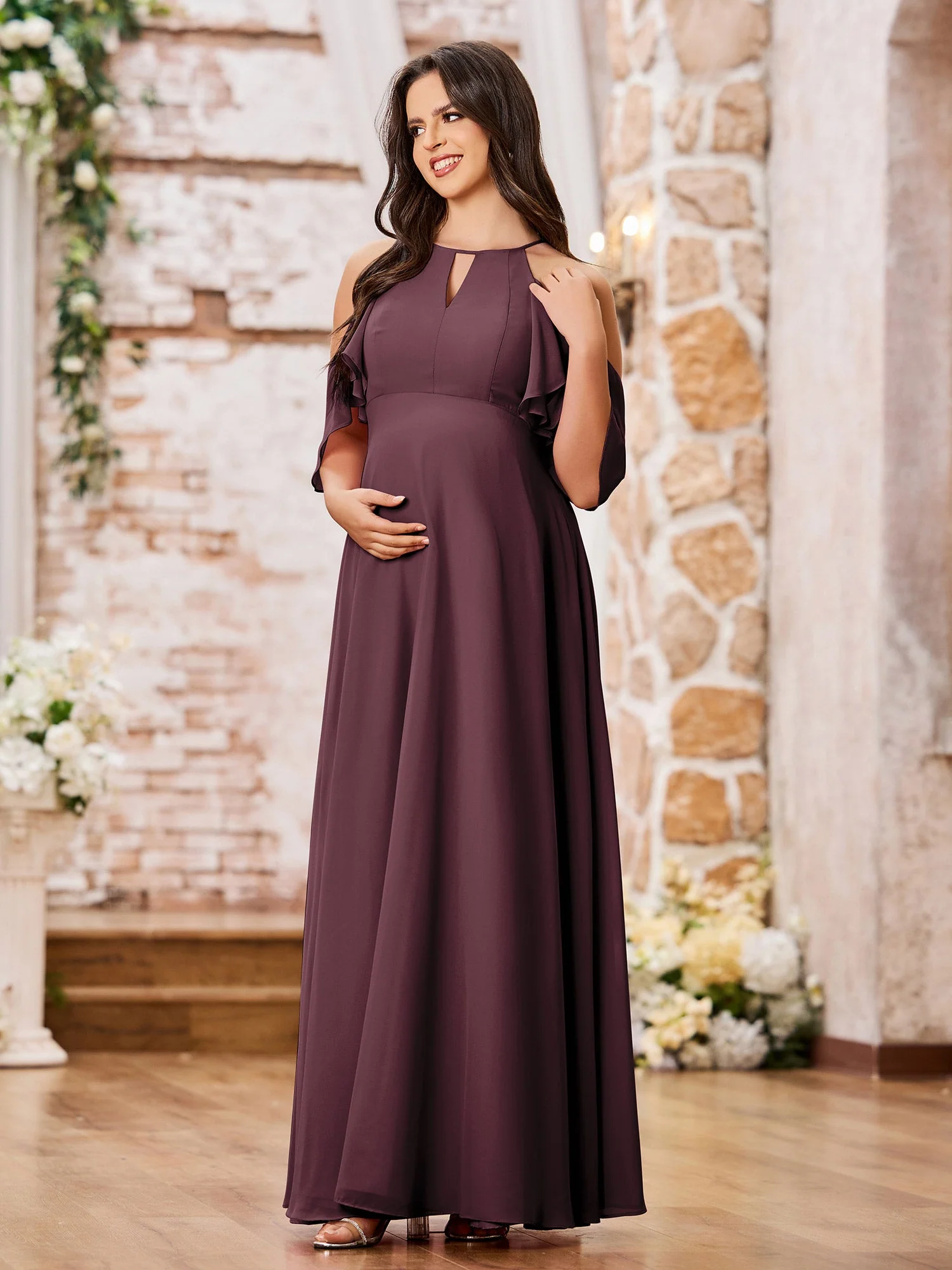 A-line Chiffon Maxi Bridesmaid Gowns with Sleeves Cabernet - Image 3