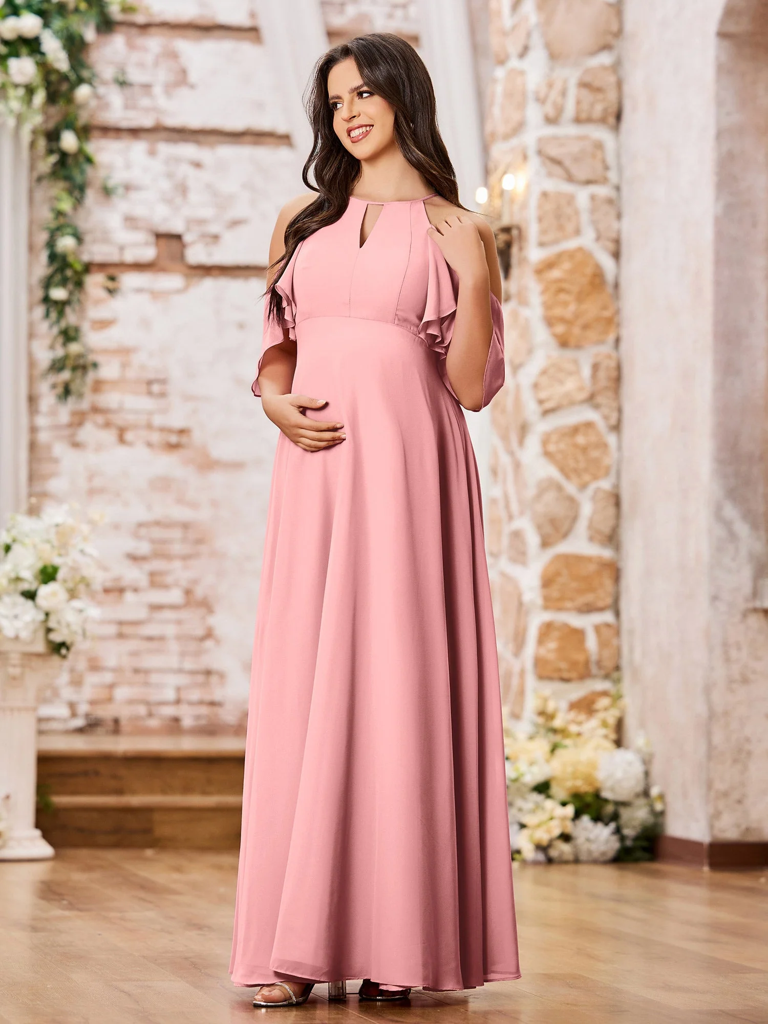A-line Chiffon Maxi Bridesmaid Gowns with Sleeves Flamingo - Image 3