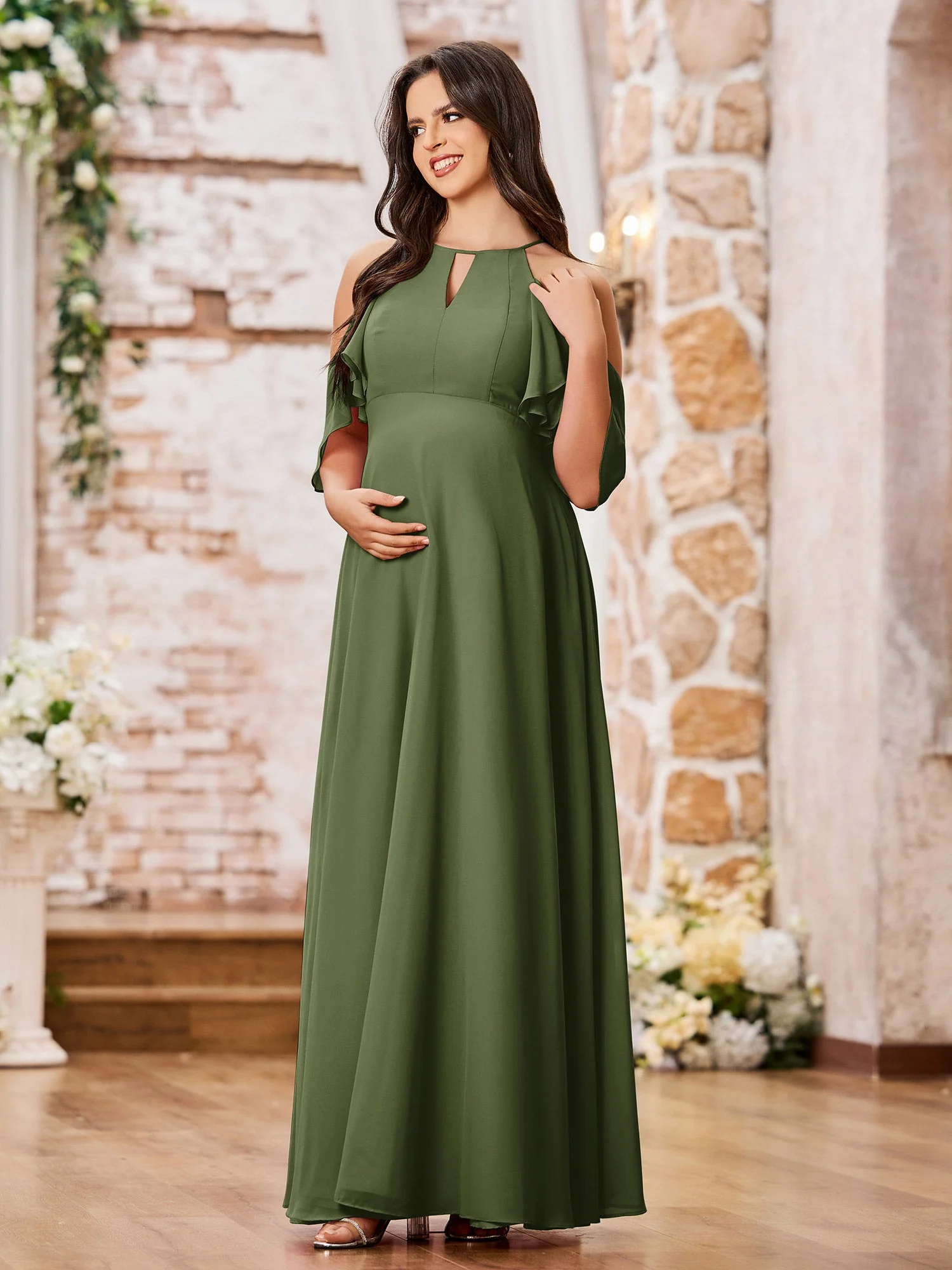 A-line Chiffon Maxi Bridesmaid Gowns with Sleeves Olive Green - Image 3