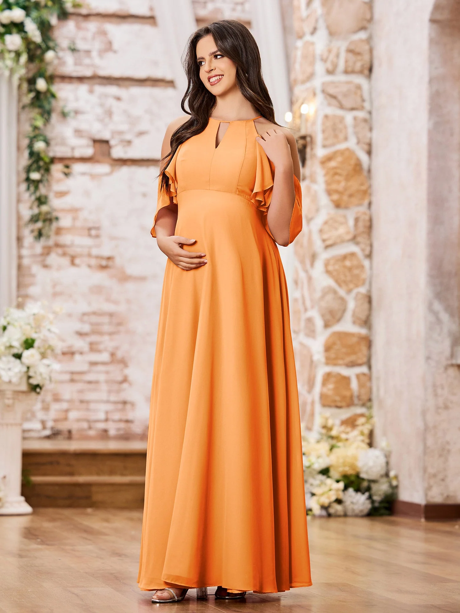A-line Chiffon Maxi Bridesmaid Gowns with Sleeves Orange - Image 3