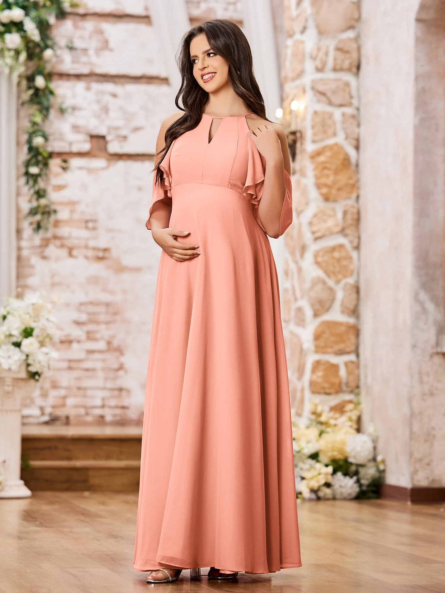 A-line Chiffon Maxi Bridesmaid Gowns with Sleeves Papaya - Image 3