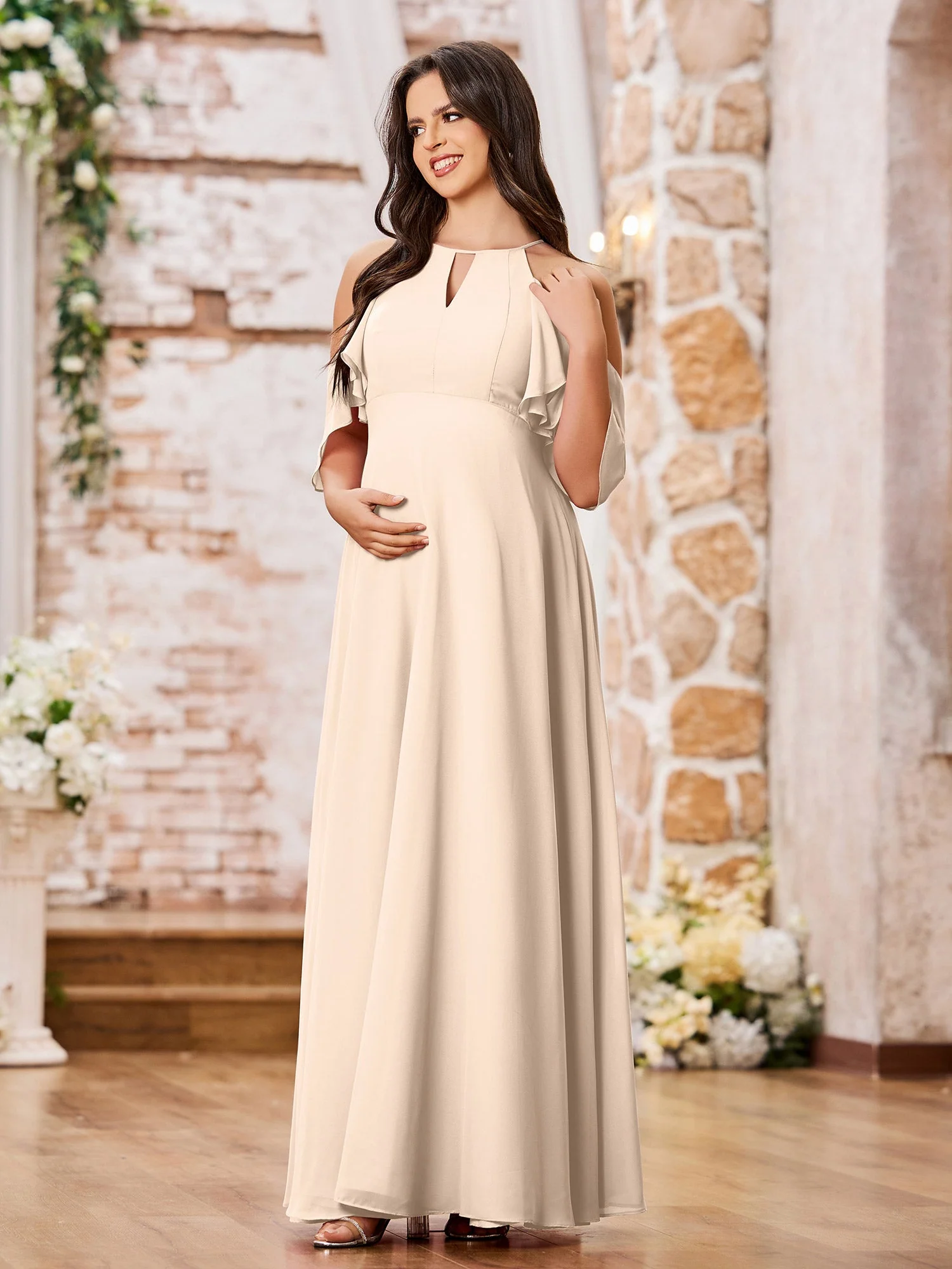 A-line Chiffon Maxi Bridesmaid Gowns with Sleeves Peach - Image 3