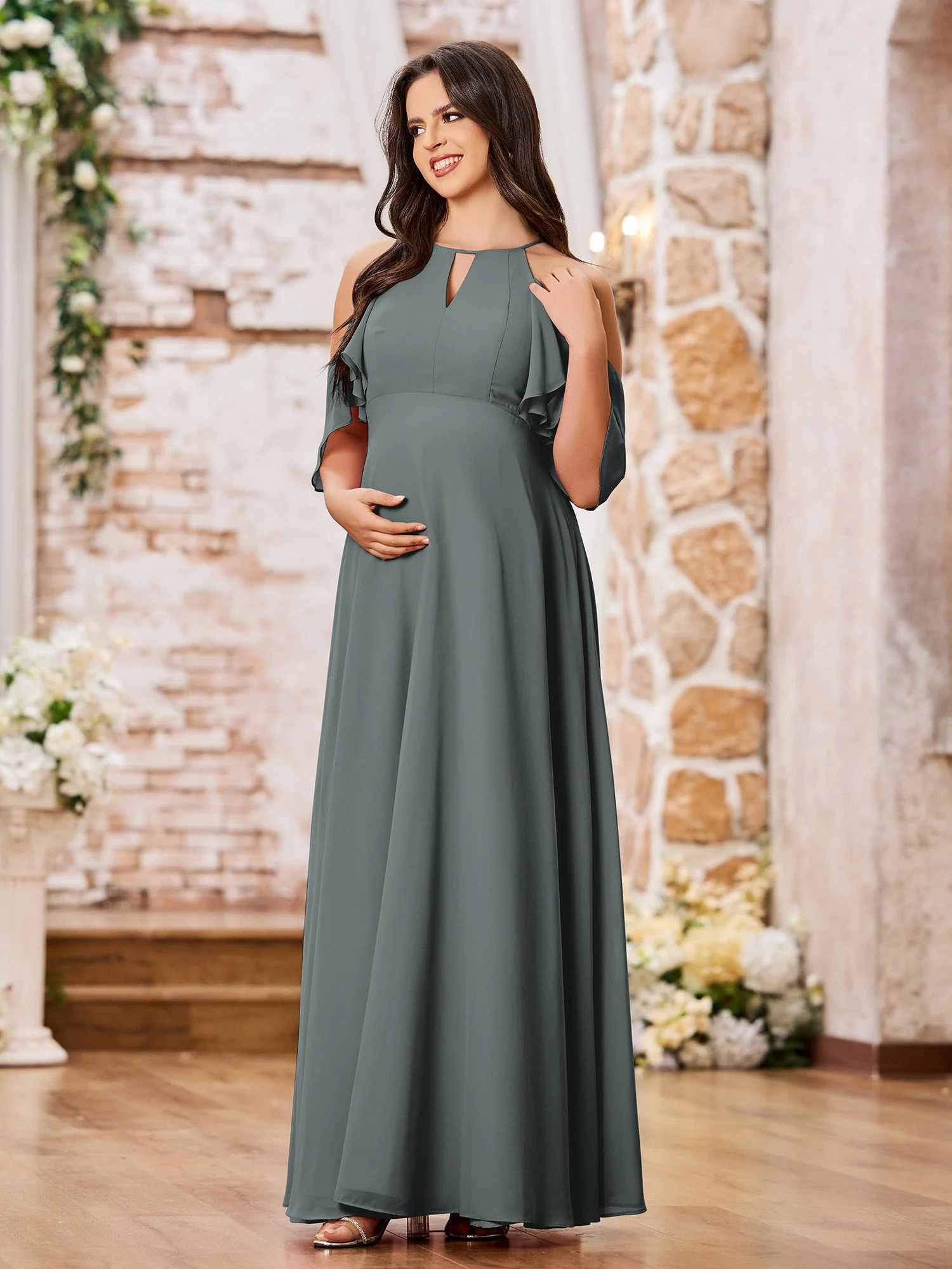 A-line Chiffon Maxi Bridesmaid Gowns with Sleeves Steel Grey - Image 3