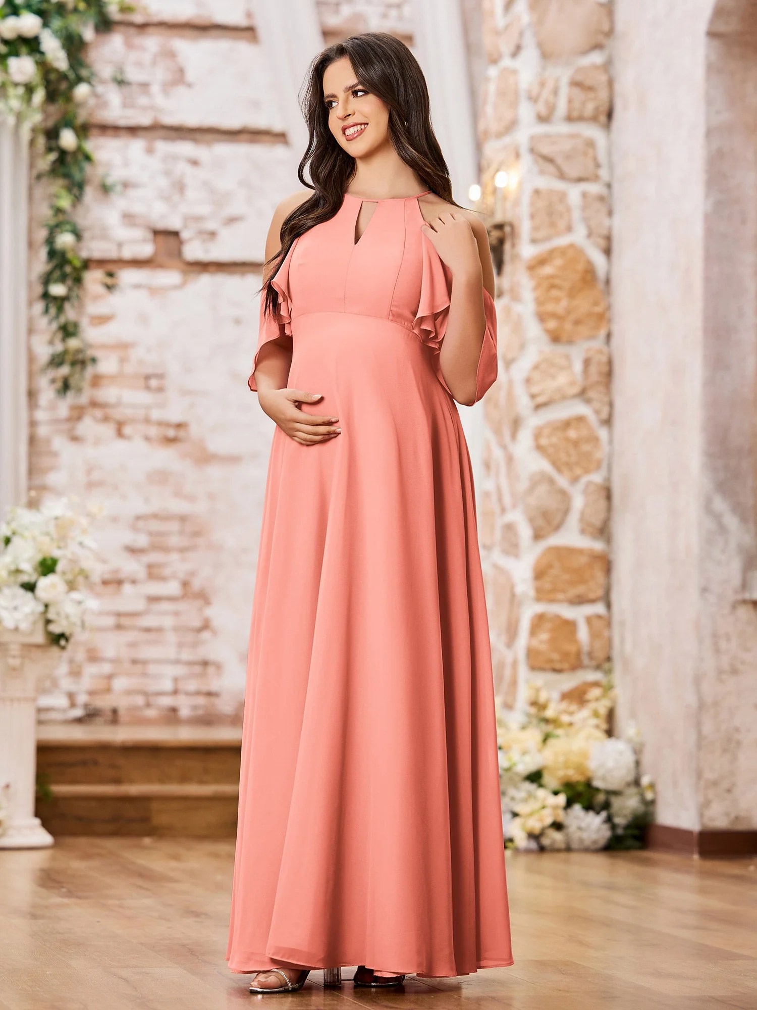 A-line Chiffon Maxi Bridesmaid Gowns with Sleeves Sunset - Image 3