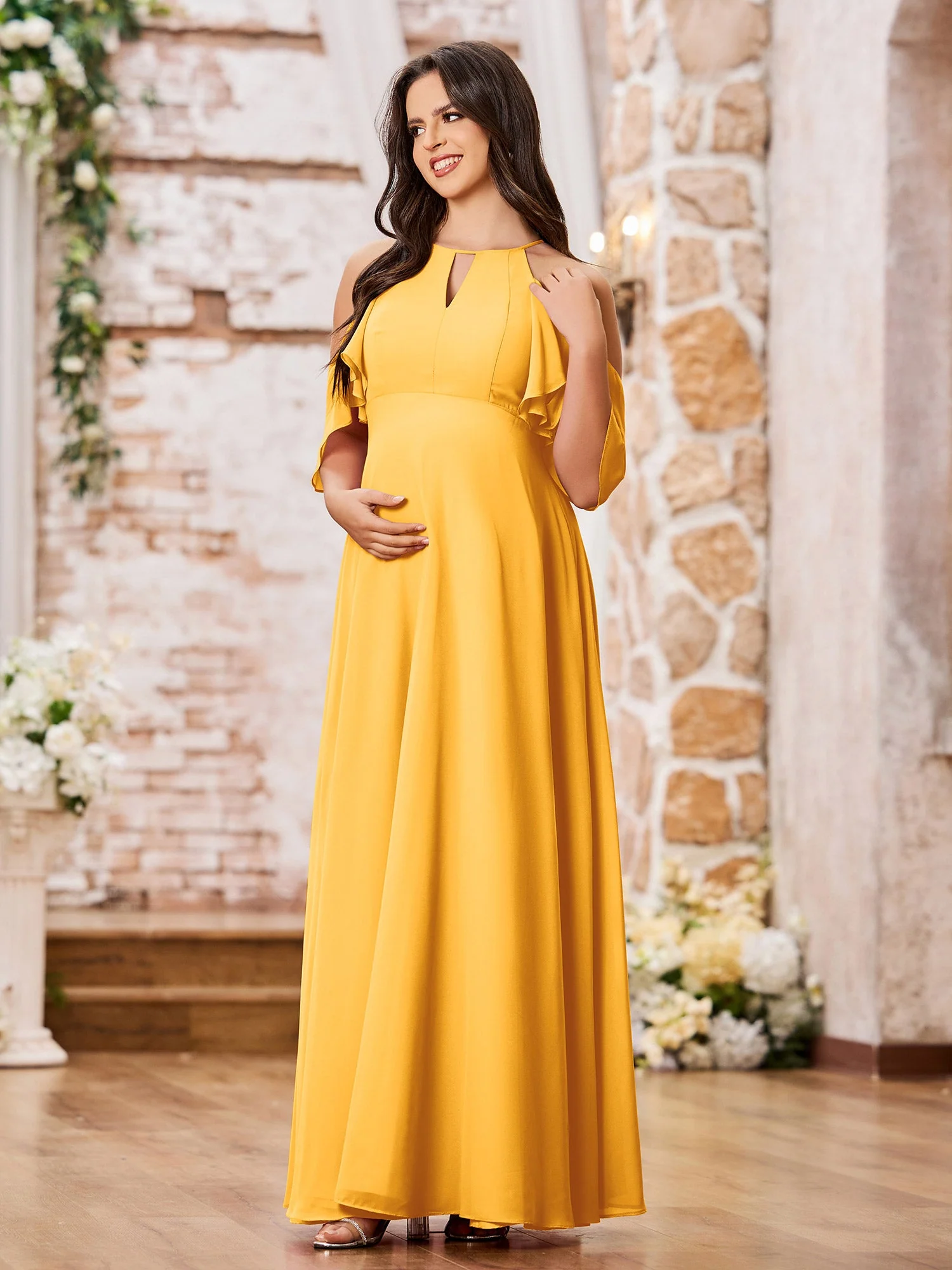 A-line Chiffon Maxi Bridesmaid Gowns with Sleeves Tangerine - Image 3