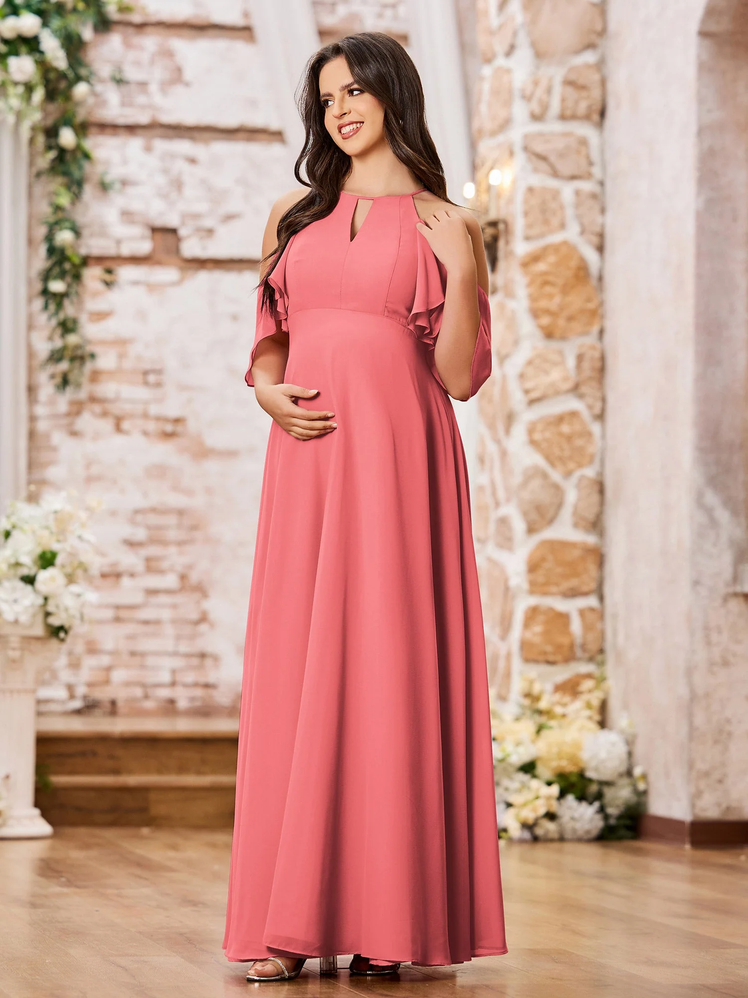 A-line Chiffon Maxi Bridesmaid Gowns with Sleeves Watermelon - Image 3