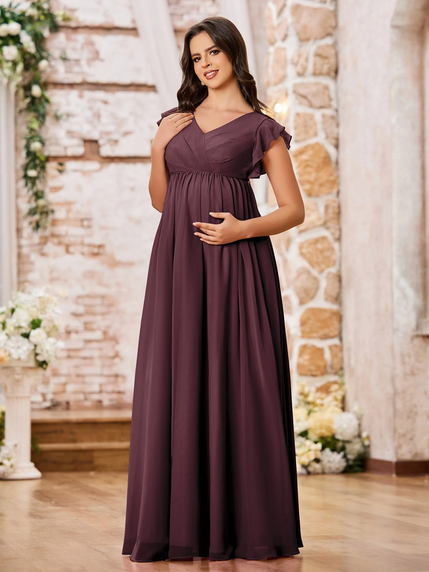 A-line Chiffon Maxi Dresses with Flutter Sleeves Cabernet - Image 3