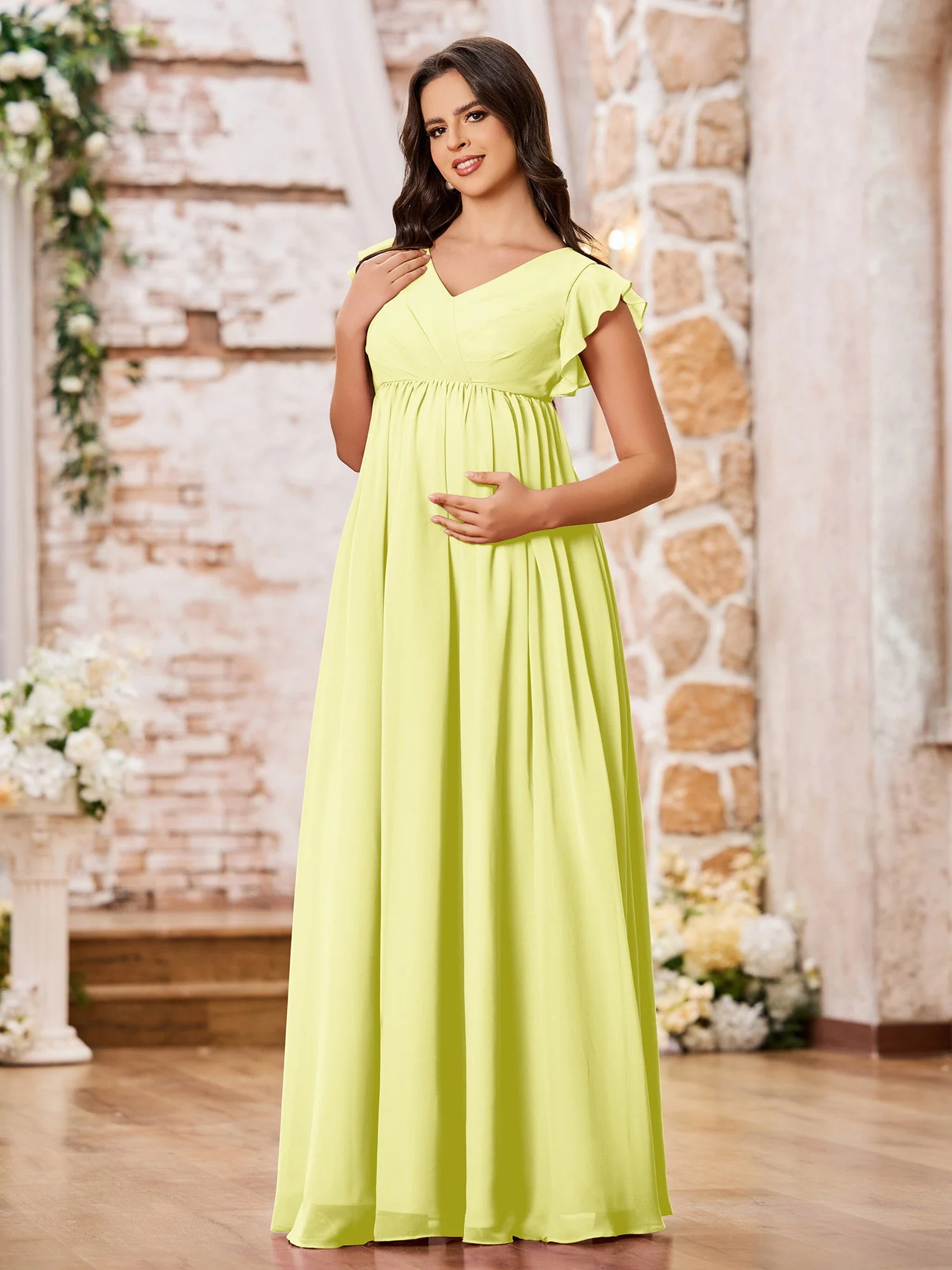 A-line Chiffon Maxi Dresses with Flutter Sleeves Daffodil - Image 3