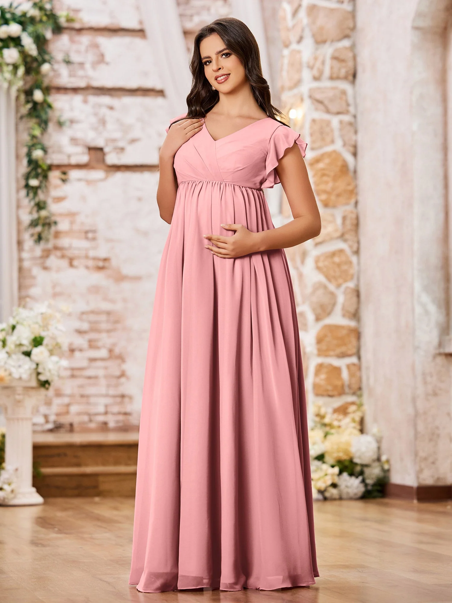 A-line Chiffon Maxi Dresses with Flutter Sleeves Flamingo - Image 3