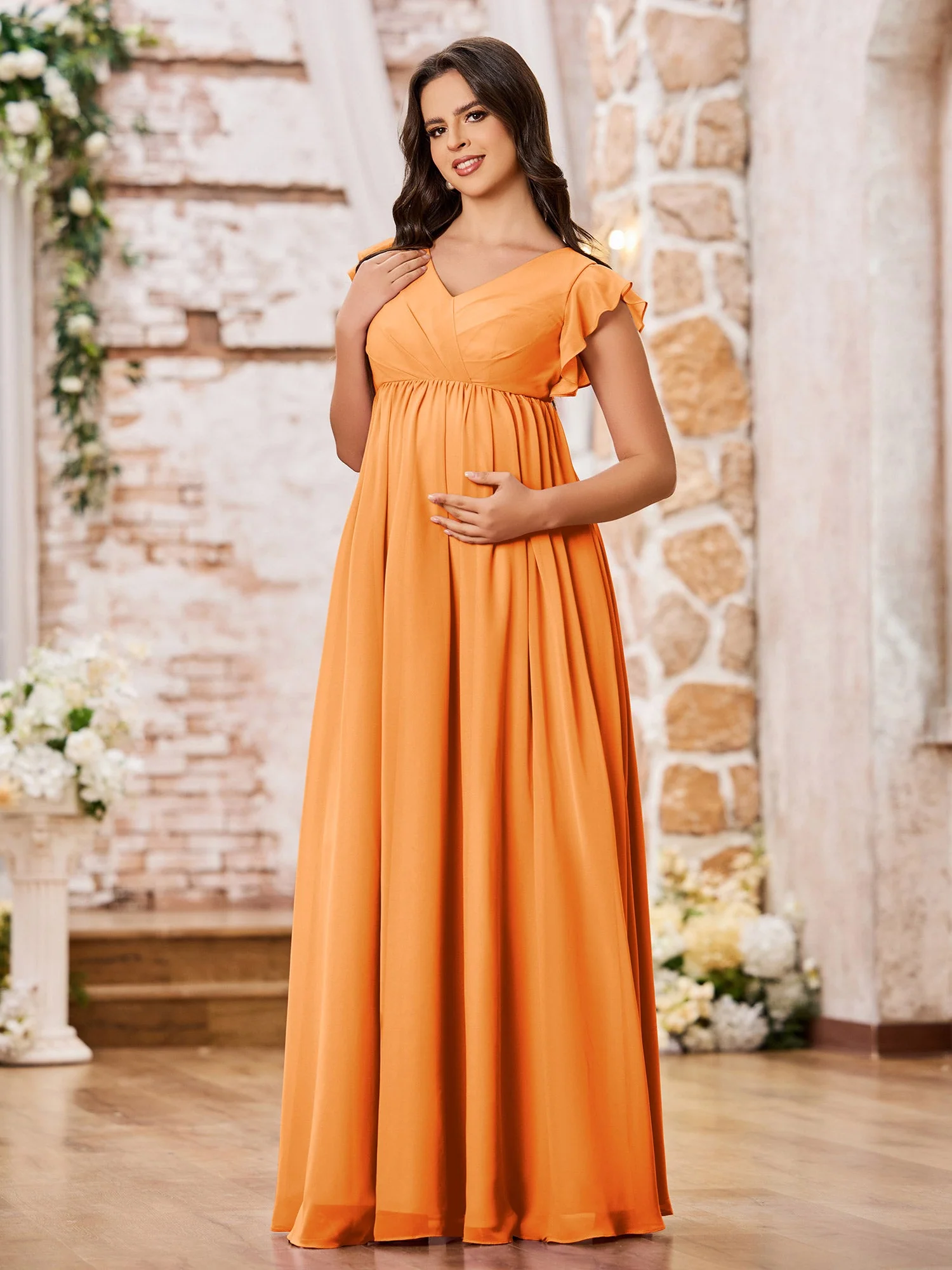 A-line Chiffon Maxi Dresses with Flutter Sleeves Orange - Image 3