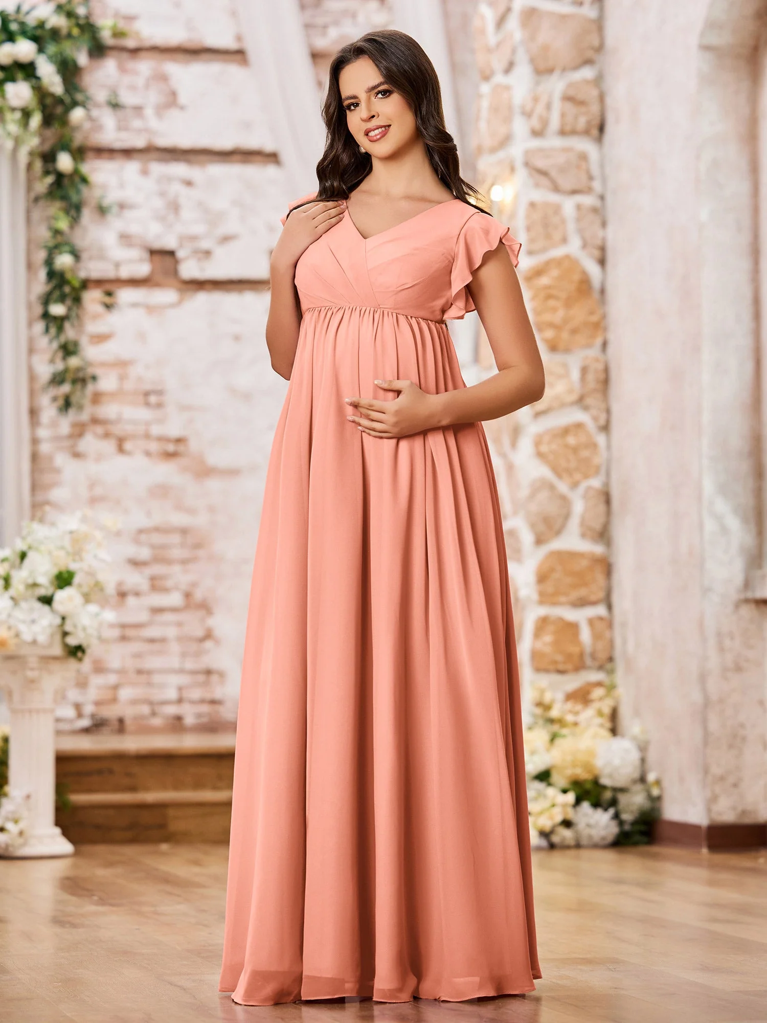 A-line Chiffon Maxi Dresses with Flutter Sleeves Papaya - Image 3